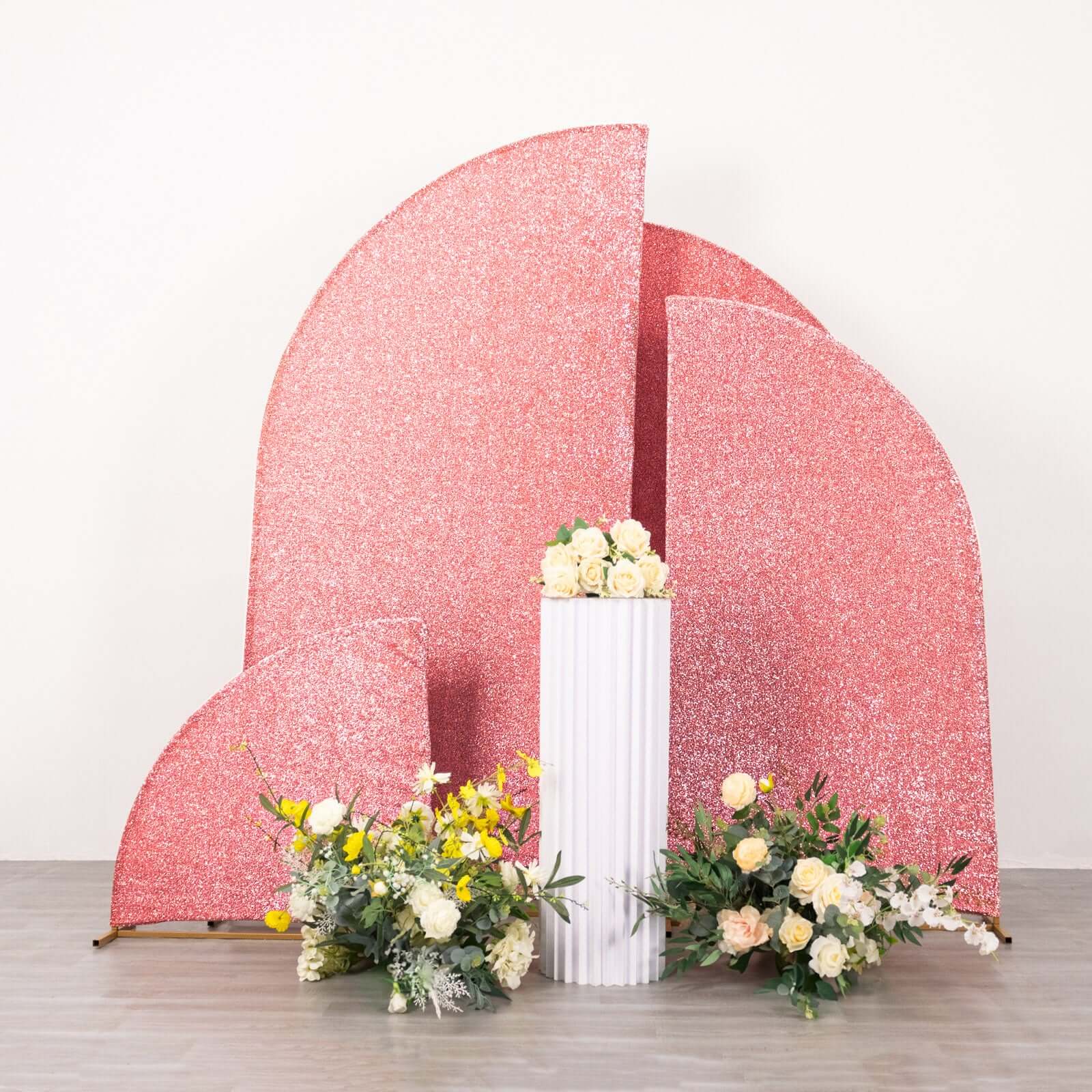 Set of 4 Rose Gold Chiara Backdrop Stand Covers Shimmer Tinsel Finish, Fitted Covers For Half Moon Wedding Arches 2.5ft, 5ft, 6ft, 7ft - Image 2