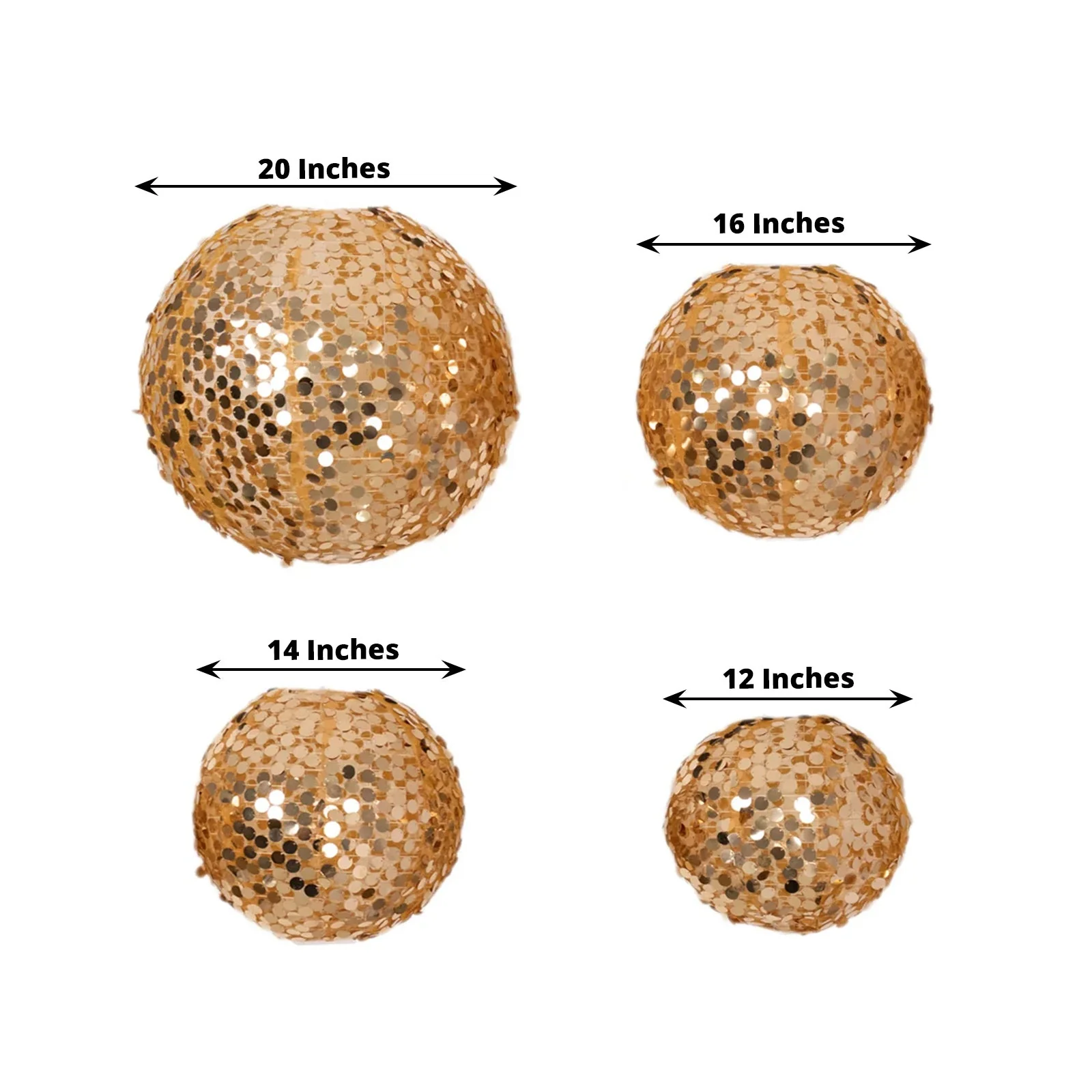 Set of 4 Shimmer Gold Payette Sequin Hanging Lanterns, Large Decorative Round Foldable Fabric Chinese Lantern Lampshades - 12",14",16",20" - Image 2