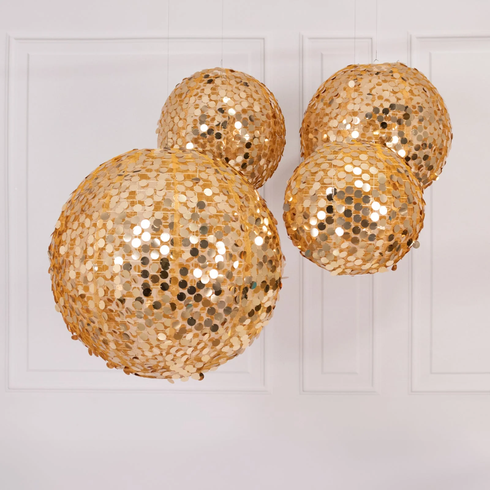 Set of 4 Shimmer Gold Payette Sequin Hanging Lanterns, Large Decorative Round Foldable Fabric Chinese Lantern Lampshades - 12",14",16",20" - Image 3