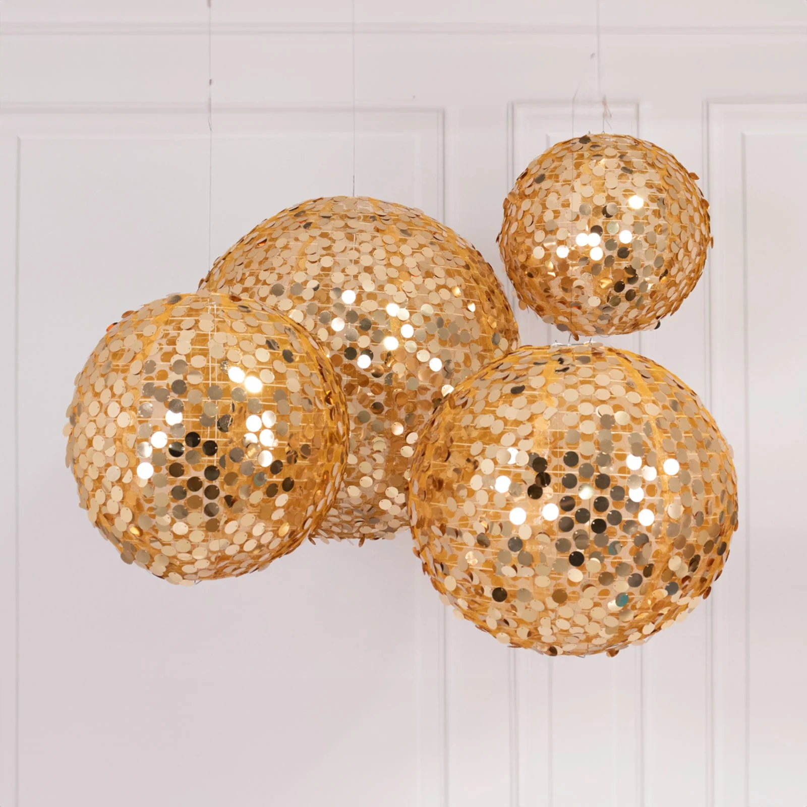 Set of 4 Shimmer Gold Payette Sequin Hanging Lanterns, Large Decorative Round Foldable Fabric Chinese Lantern Lampshades - 12",14",16",20" - Image 4