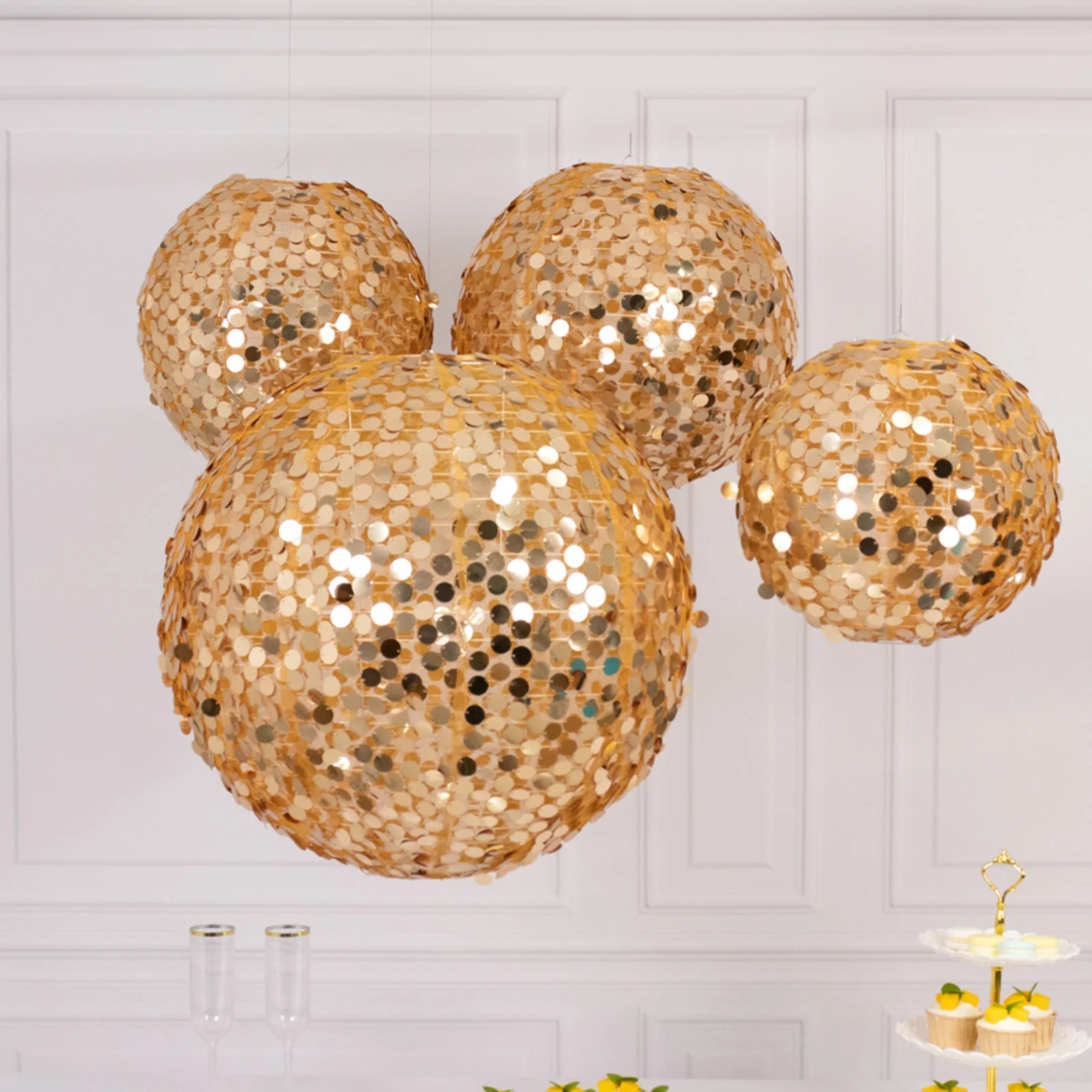 Set of 4 Shimmer Gold Payette Sequin Hanging Lanterns, Large Decorative Round Foldable Fabric Chinese Lantern Lampshades - 12",14",16",20" - Image 6