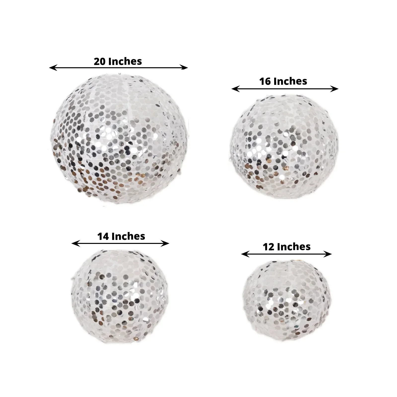 Set of 4 Shimmer Silver Payette Sequin Hanging Lanterns, Large Decorative Round Foldable Fabric Chinese Lantern Lampshades - 12",14",16",20" - Image 2