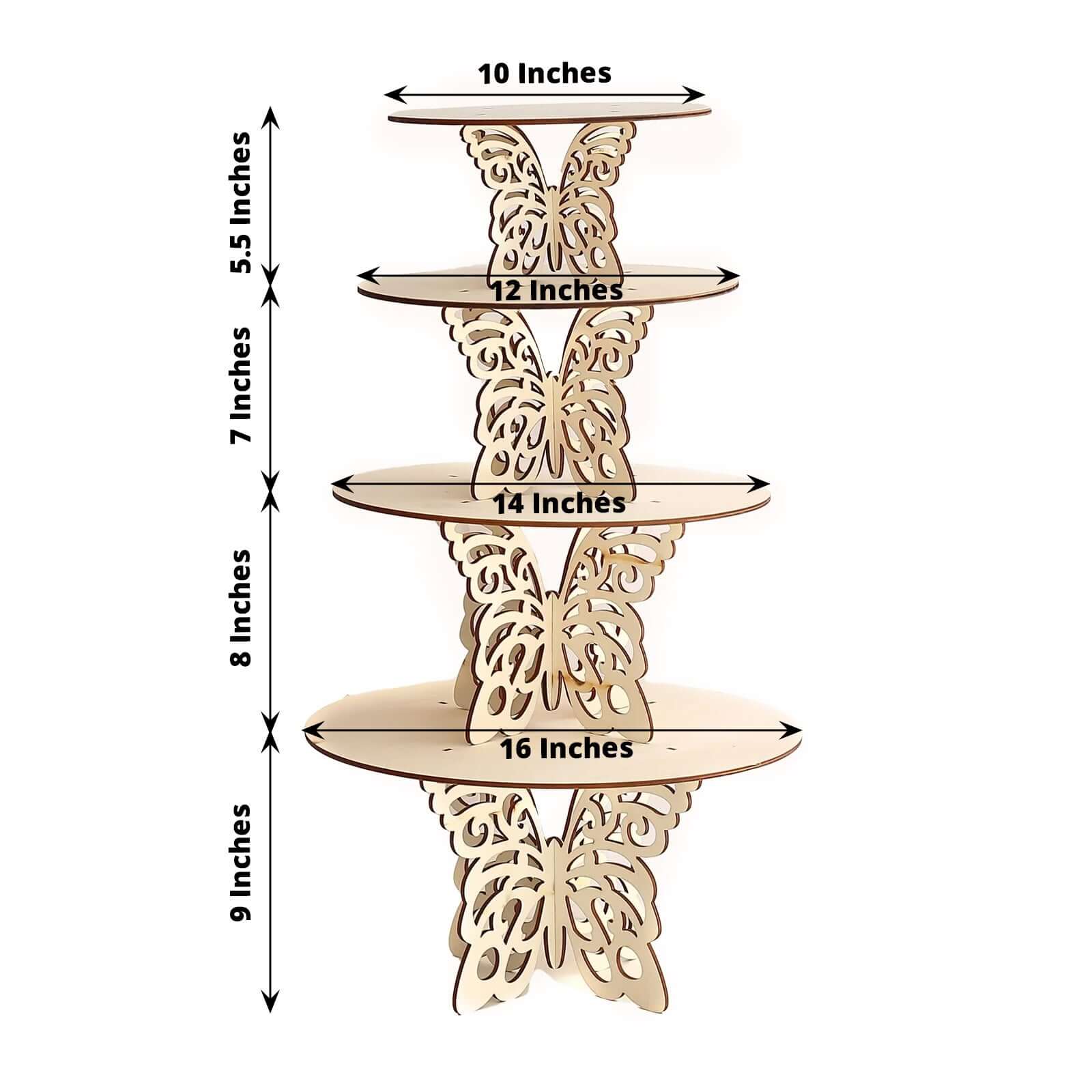 Set of 4 Wooden Cake Stands 10", 12", 14", 16" Butterfly Round Design Natural - Stackable Rustic Cupcake Holder Centerpiece - Image 3