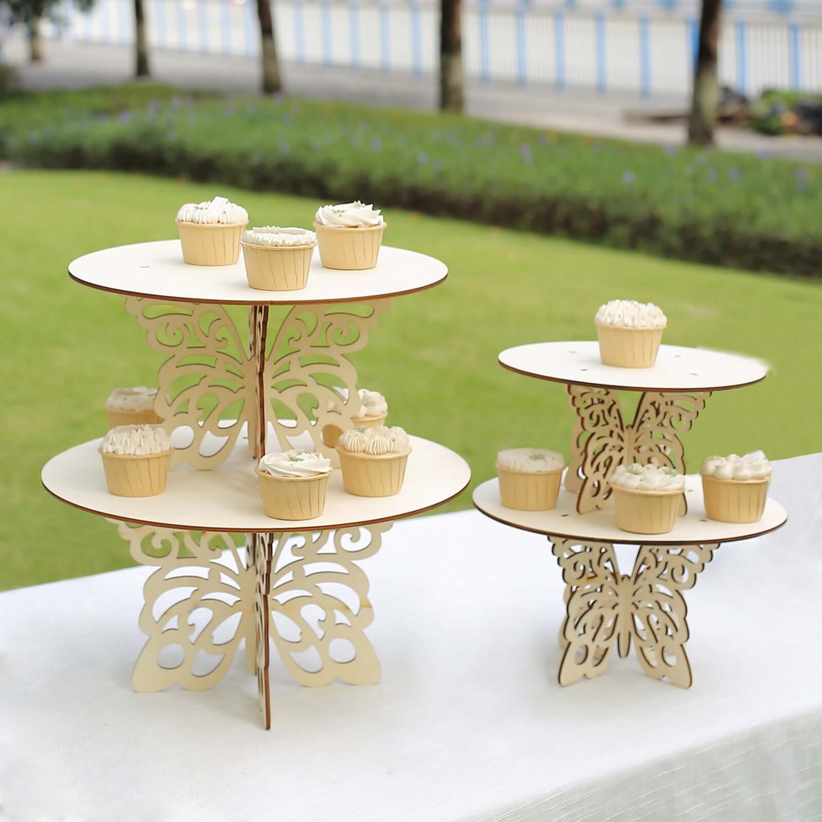 Set of 4 Wooden Cake Stands 10", 12", 14", 16" Butterfly Round Design Natural - Stackable Rustic Cupcake Holder Centerpiece - Image 4