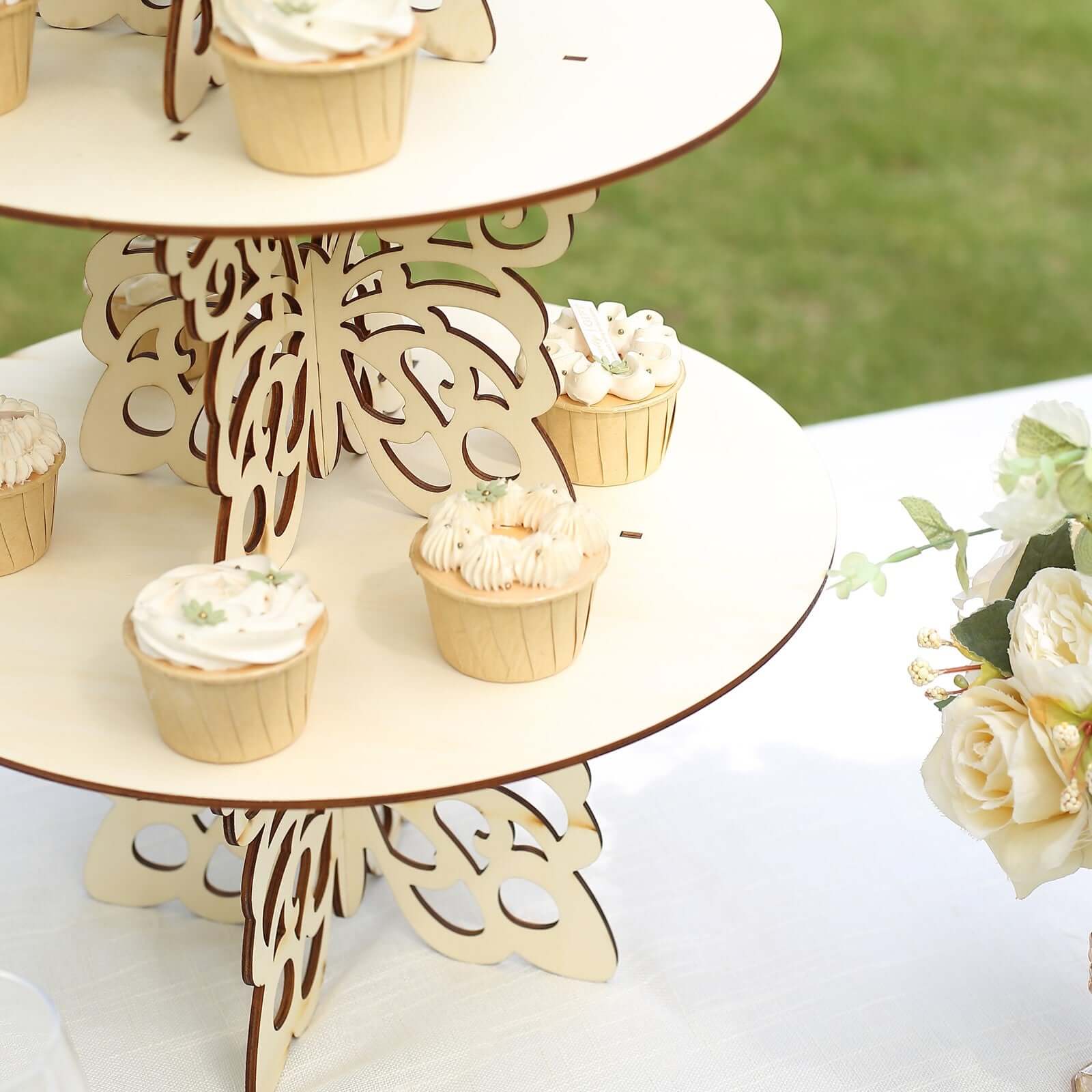 Set of 4 Wooden Cake Stands 10", 12", 14", 16" Butterfly Round Design Natural - Stackable Rustic Cupcake Holder Centerpiece - Image 7