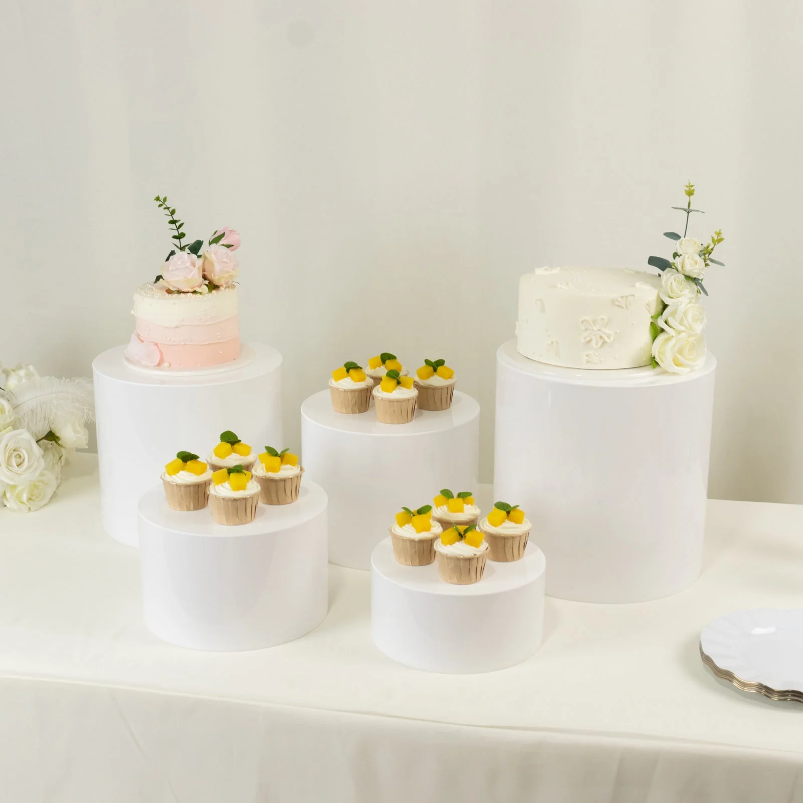Set of 5 Acrylic Cake Stands 8.5", 9", 10", 11", 12" Round Cylinder Design White - Display Risers for Weddings - Image 2