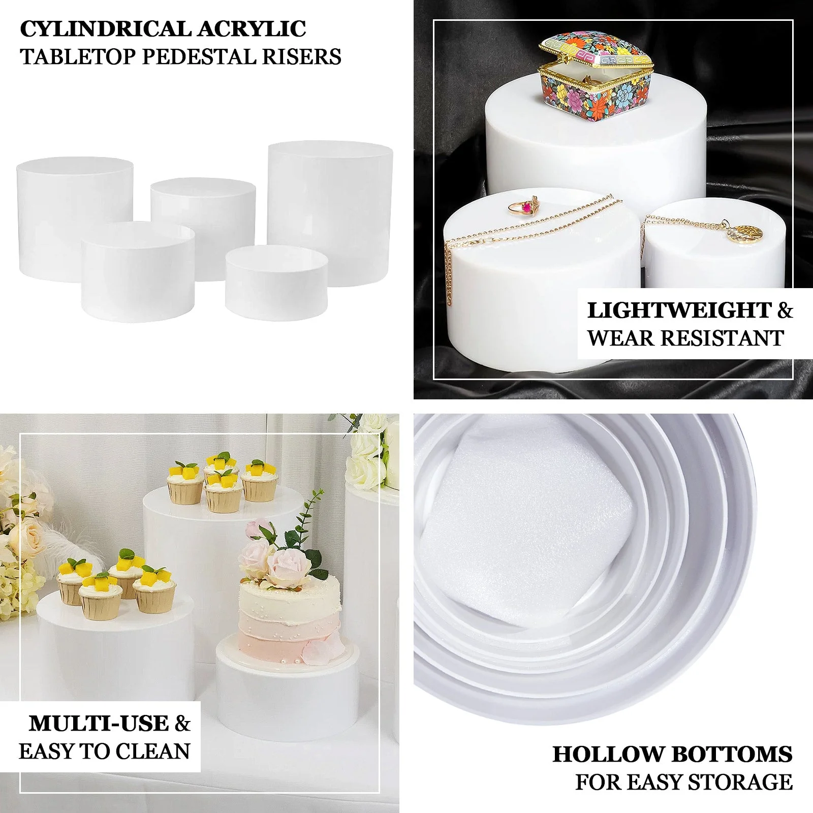 Set of 5 Acrylic Cake Stands 8.5", 9", 10", 11", 12" Round Cylinder Design White - Display Risers for Weddings - Image 4