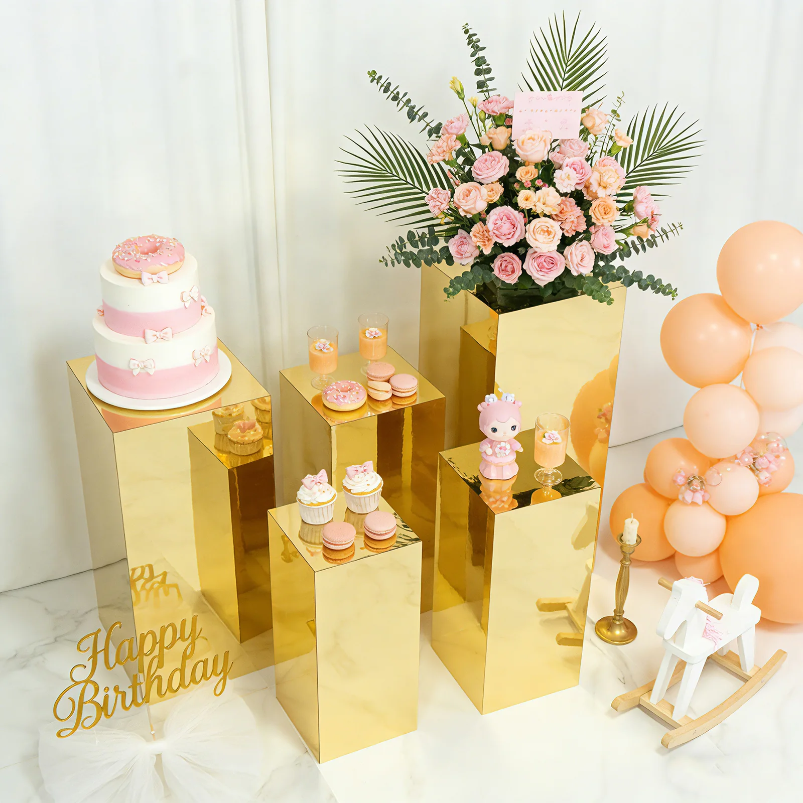 Set of 5 Gold Mirror Acrylic Pedestal Risers – Pre-Assembled Rectangular Display Stands for Weddings, Events & Product Showcases – 20", 22", 24", 28", 32" - Image 6