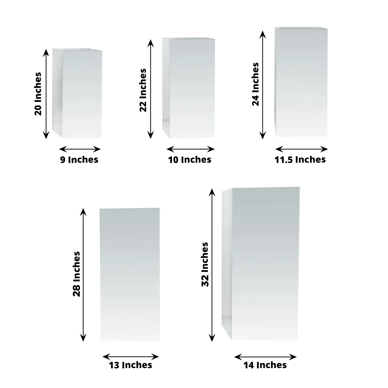 Set of 5 Silver Mirror Acrylic Pedestal Risers – Pre-Assembled Rectangular Display Stands for Weddings, Events & Product Showcases – 20", 22", 24", 28", 32" - Image 3