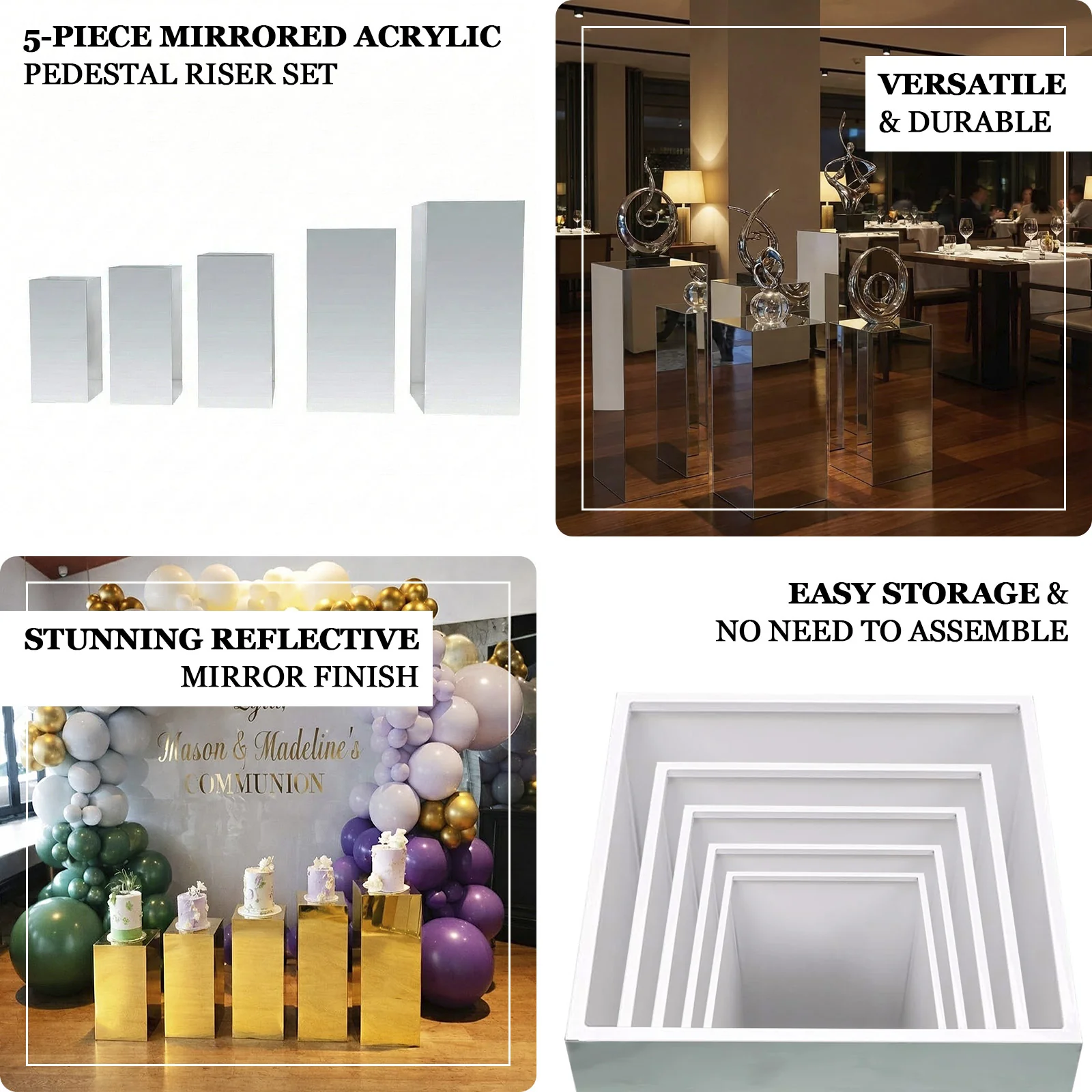 Set of 5 Silver Mirror Acrylic Pedestal Risers – Pre-Assembled Rectangular Display Stands for Weddings, Events & Product Showcases – 20", 22", 24", 28", 32" - Image 4