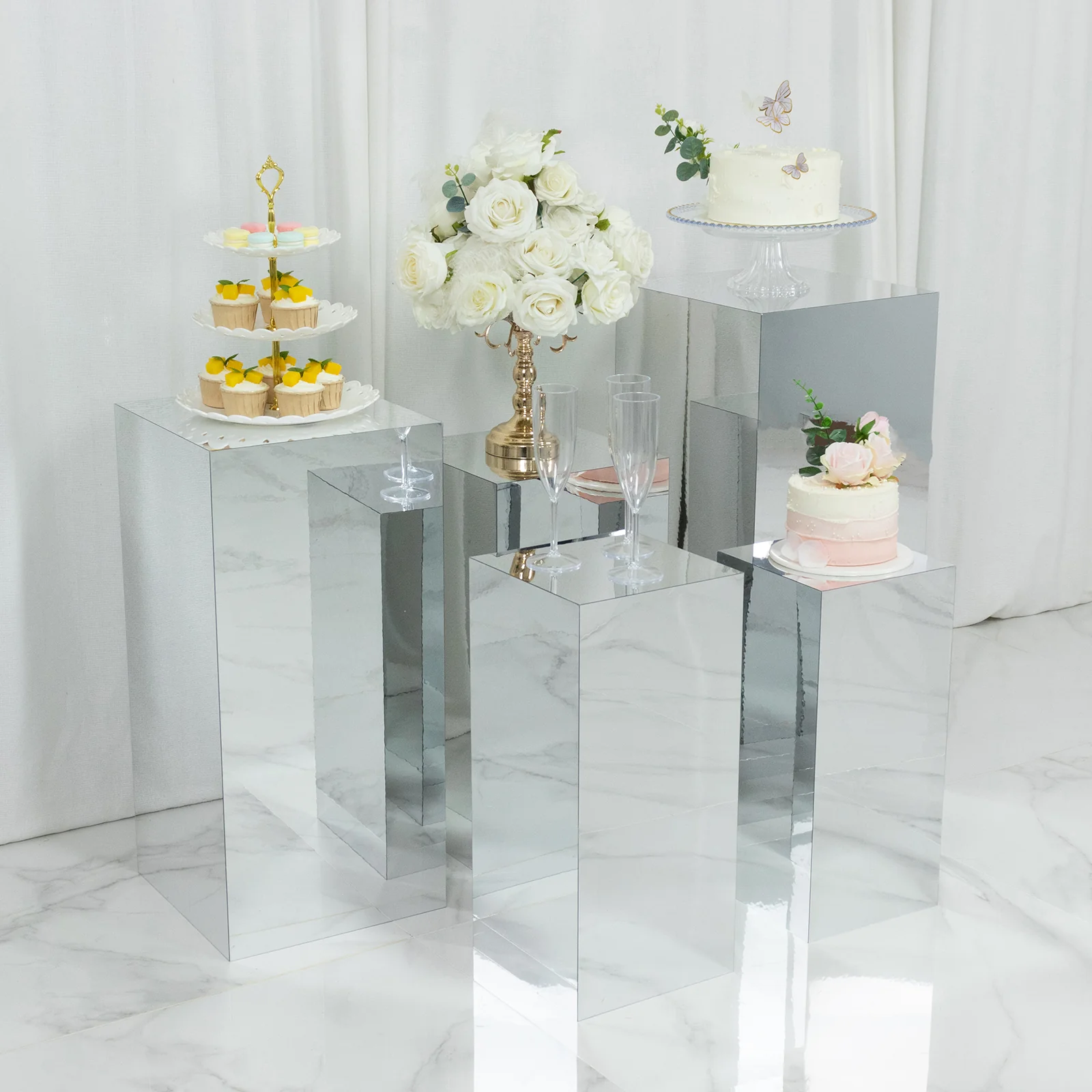 Set of 5 Silver Mirror Acrylic Pedestal Risers – Pre-Assembled Rectangular Display Stands for Weddings, Events & Product Showcases – 20", 22", 24", 28", 32" - Image 9