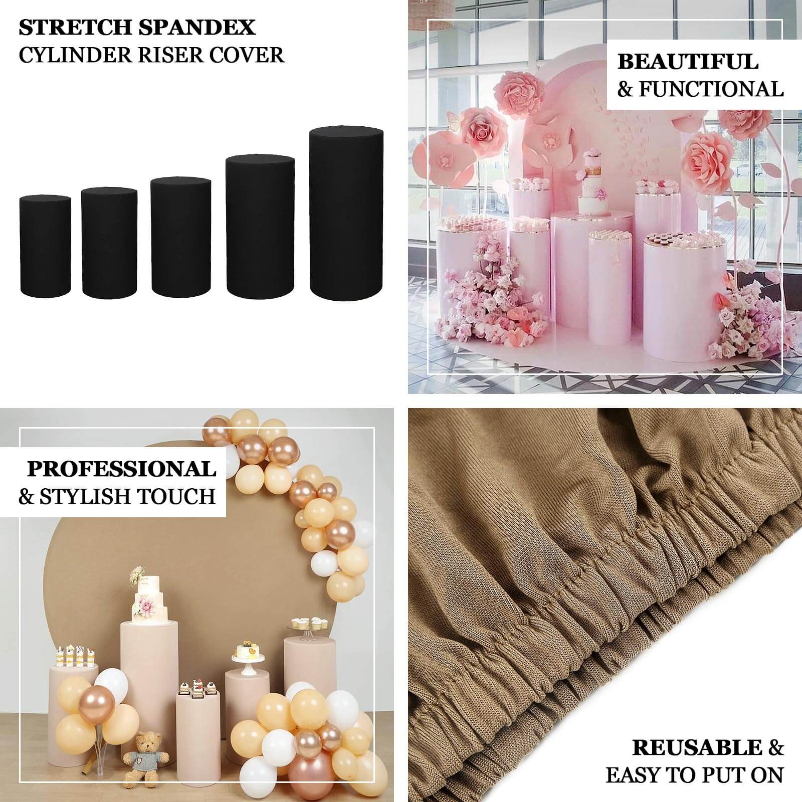 Set of 5 Beige Spandex Cylinder Pillar Prop Covers, Stretchable Pedestal Stand Covers - 160 GSM - Image 4