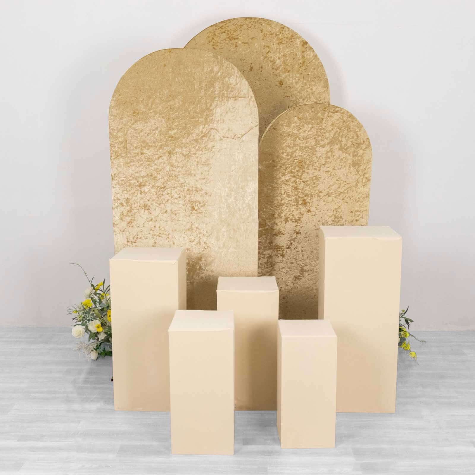 Set of 5 Beige Spandex Rectangle Pillar Prop Covers, Stretchable Pedestal Stand Covers - 160 GSM - Image 6