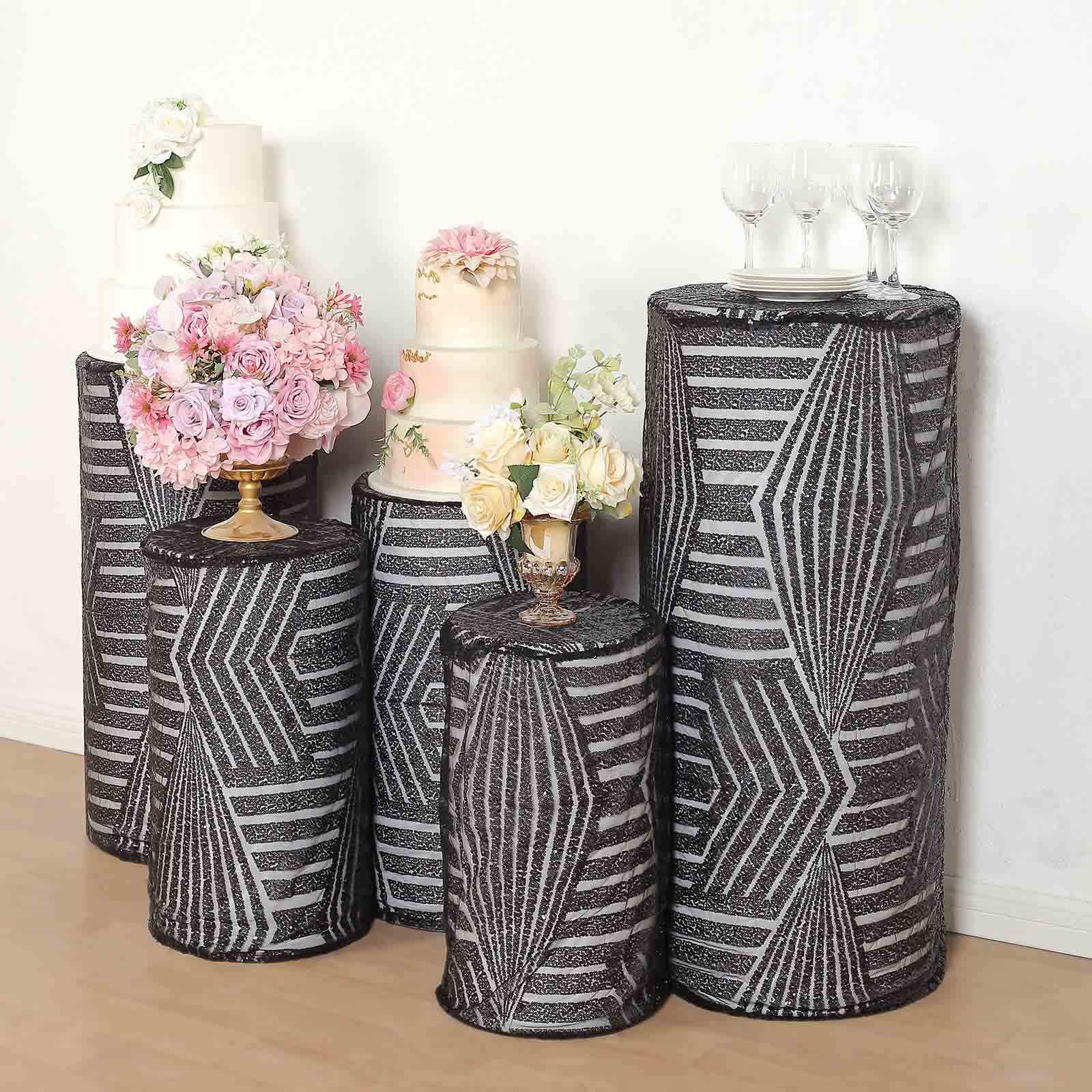 Set of 5 Black Sequin Mesh Cylinder Pillar Prop Covers with Geometric Pattern Embroidery, Sparkly Sheer Tulle Pedestal Stand Covers - Image 2