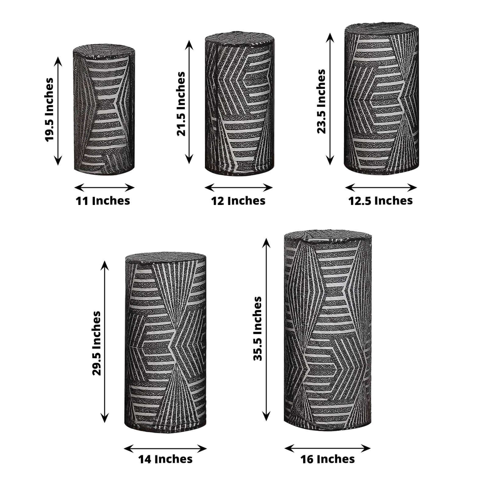 Set of 5 Black Sequin Mesh Cylinder Pillar Prop Covers with Geometric Pattern Embroidery, Sparkly Sheer Tulle Pedestal Stand Covers - Image 3