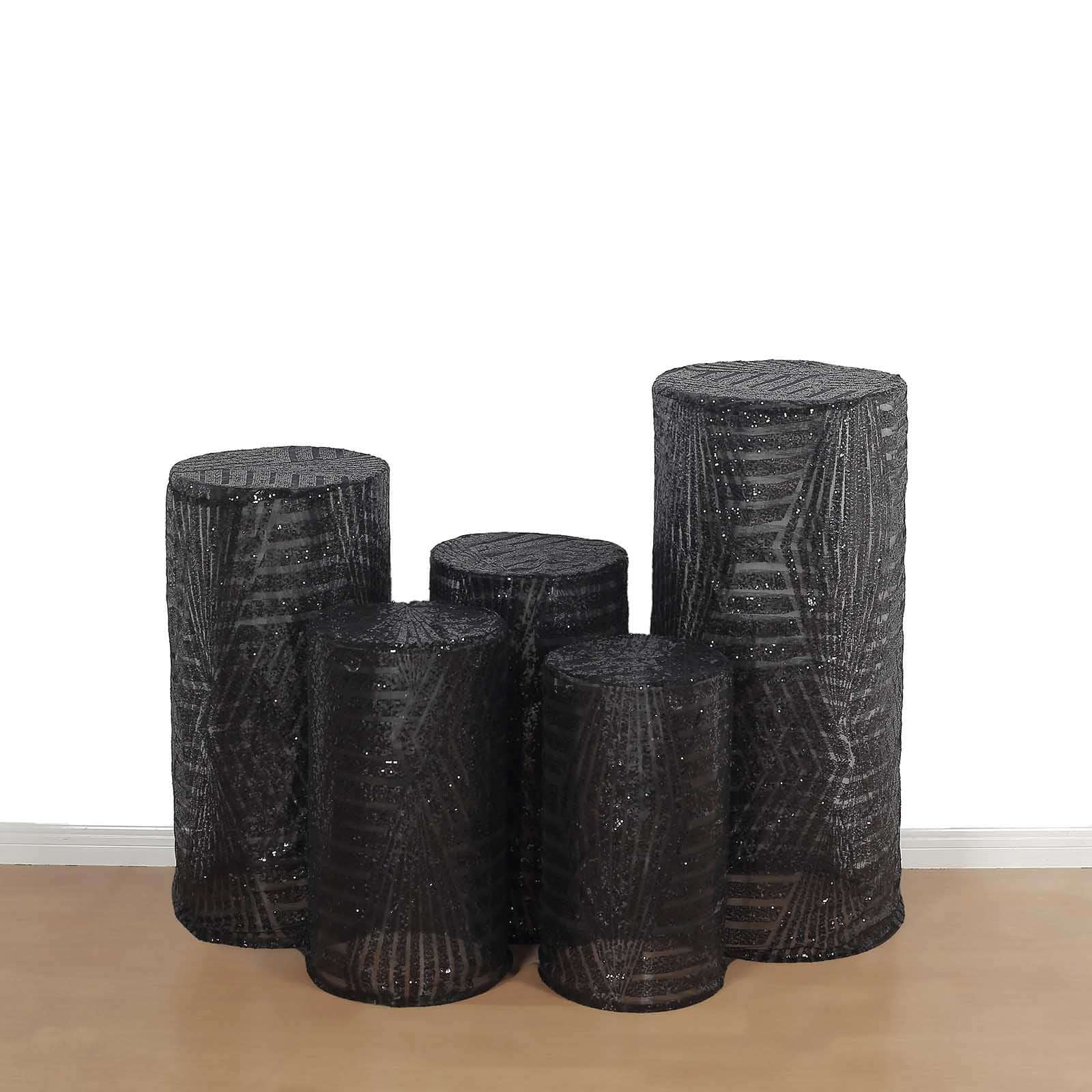 Set of 5 Black Sequin Mesh Cylinder Pillar Prop Covers with Geometric Pattern Embroidery, Sparkly Sheer Tulle Pedestal Stand Covers - Image 4
