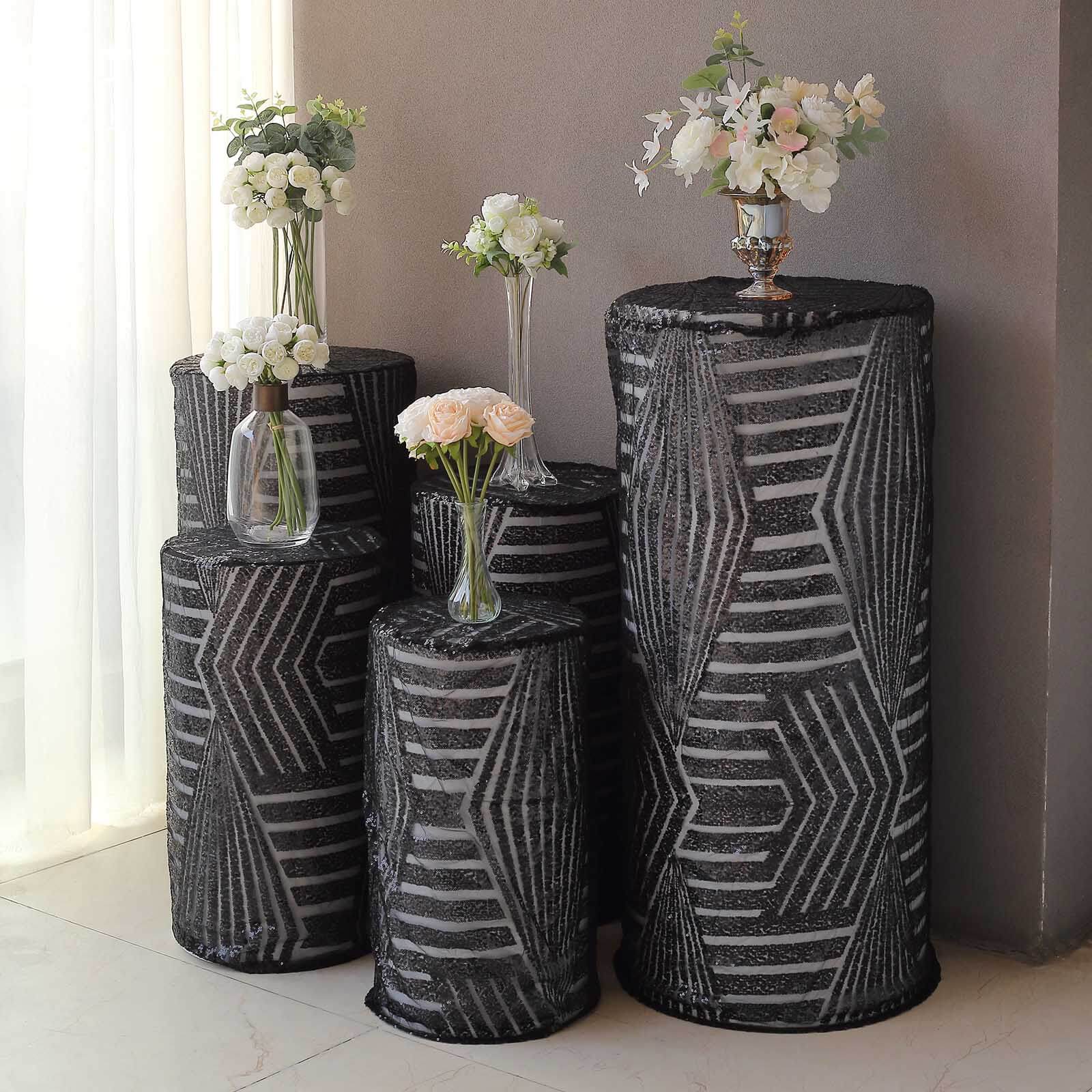 Set of 5 Black Sequin Mesh Cylinder Pillar Prop Covers with Geometric Pattern Embroidery, Sparkly Sheer Tulle Pedestal Stand Covers - Image 5