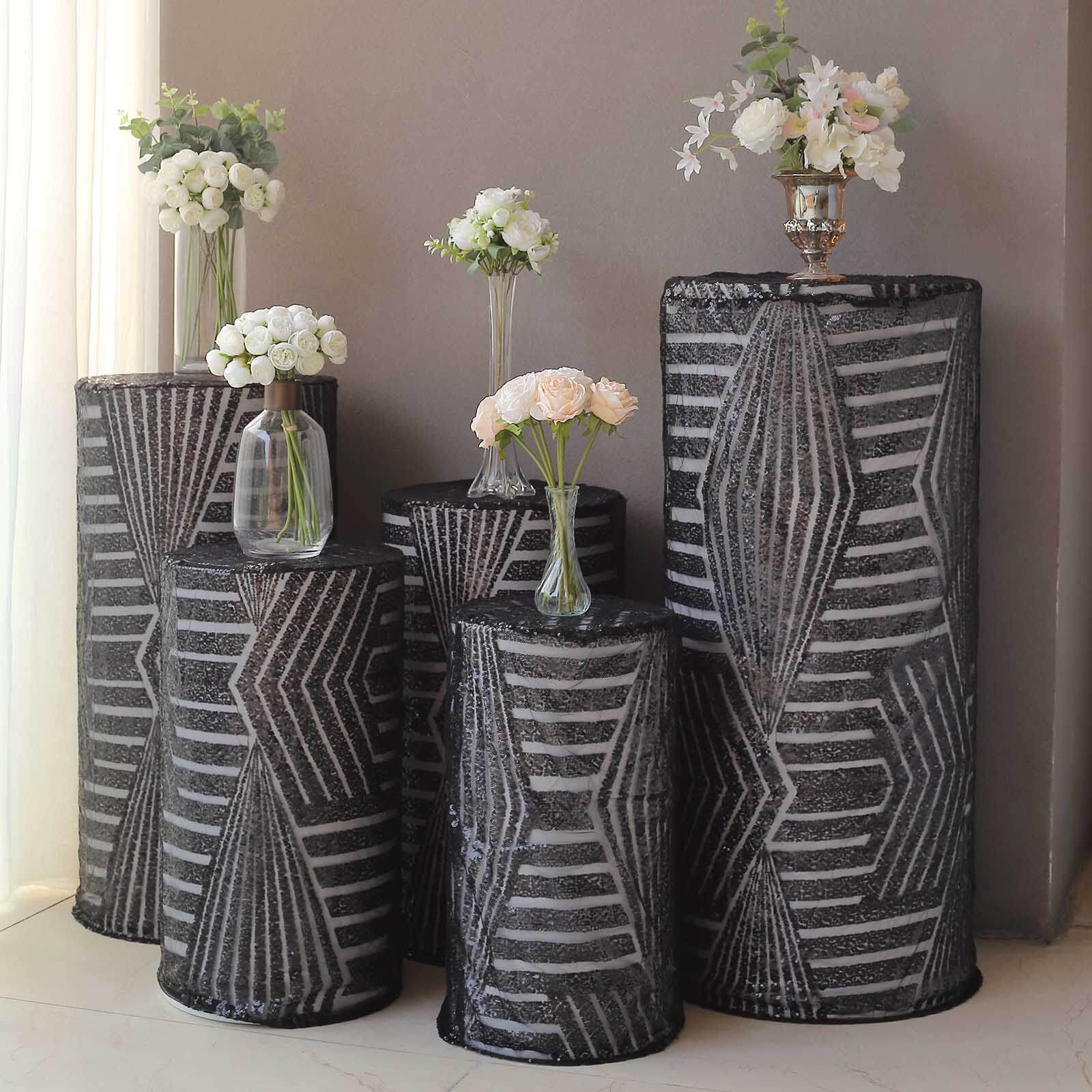Set of 5 Black Sequin Mesh Cylinder Pillar Prop Covers with Geometric Pattern Embroidery, Sparkly Sheer Tulle Pedestal Stand Covers - Image 6
