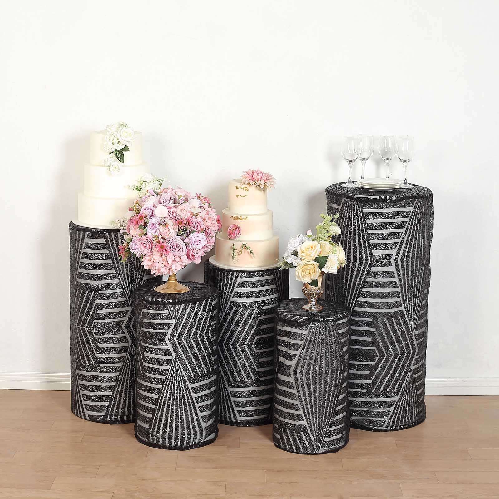 Set of 5 Black Sequin Mesh Cylinder Pillar Prop Covers with Geometric Pattern Embroidery, Sparkly Sheer Tulle Pedestal Stand Covers - Image 7