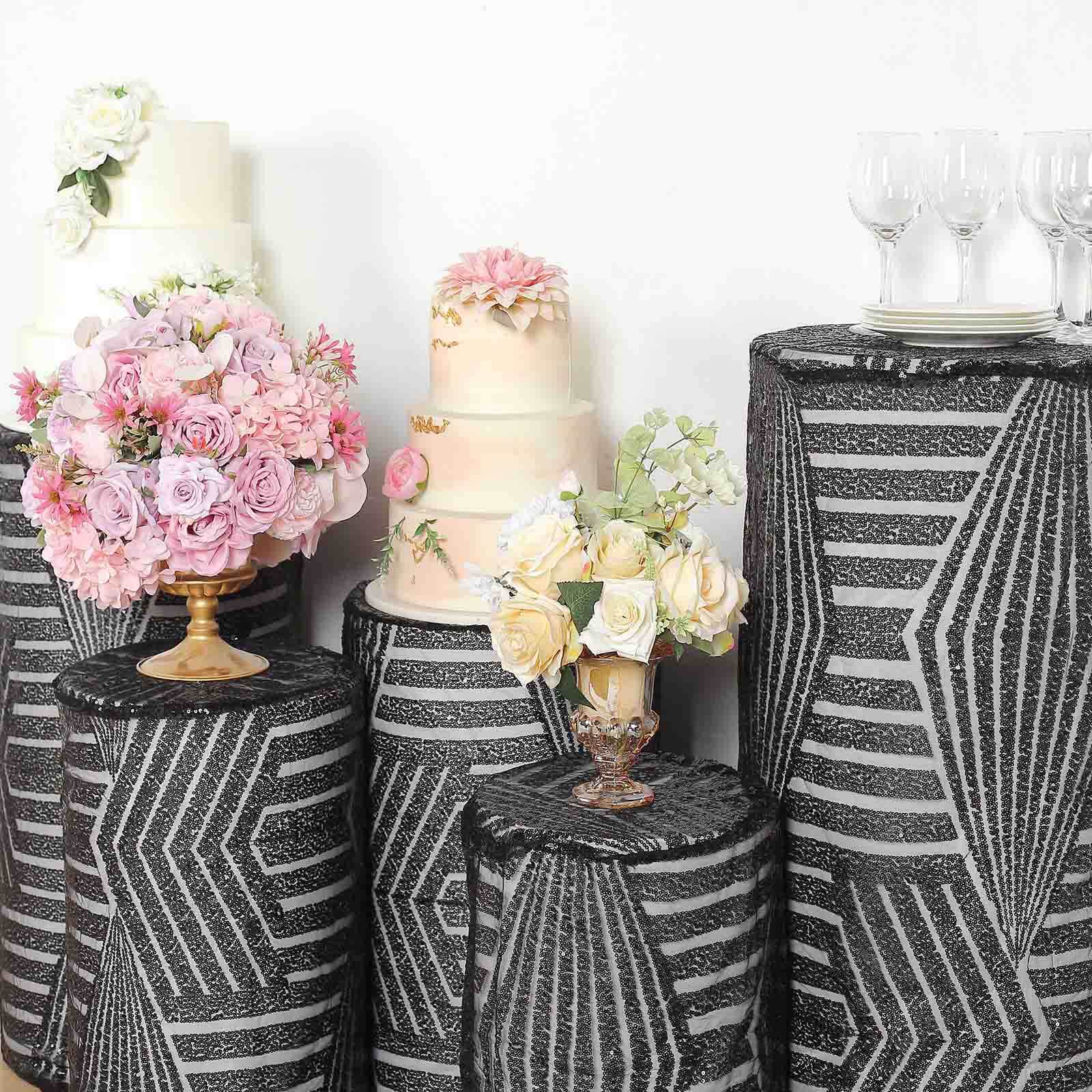 Set of 5 Black Sequin Mesh Cylinder Pillar Prop Covers with Geometric Pattern Embroidery, Sparkly Sheer Tulle Pedestal Stand Covers - Image 9