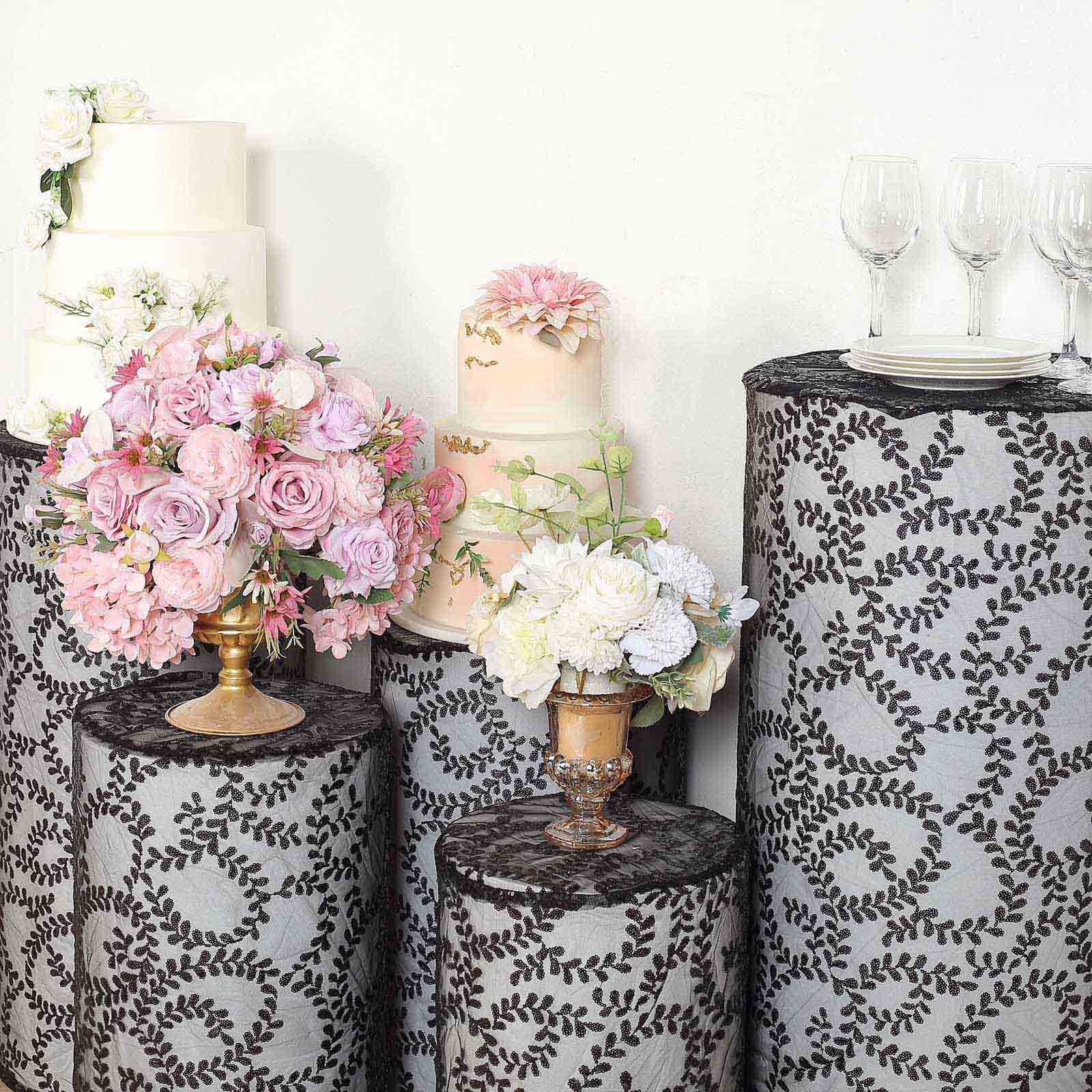 Set of 5 Black Sequin Mesh Cylinder Pillar Prop Covers with Leaf Vine Embroidery, Sparkly Sheer Tulle Pedestal Stand Covers - Image 11