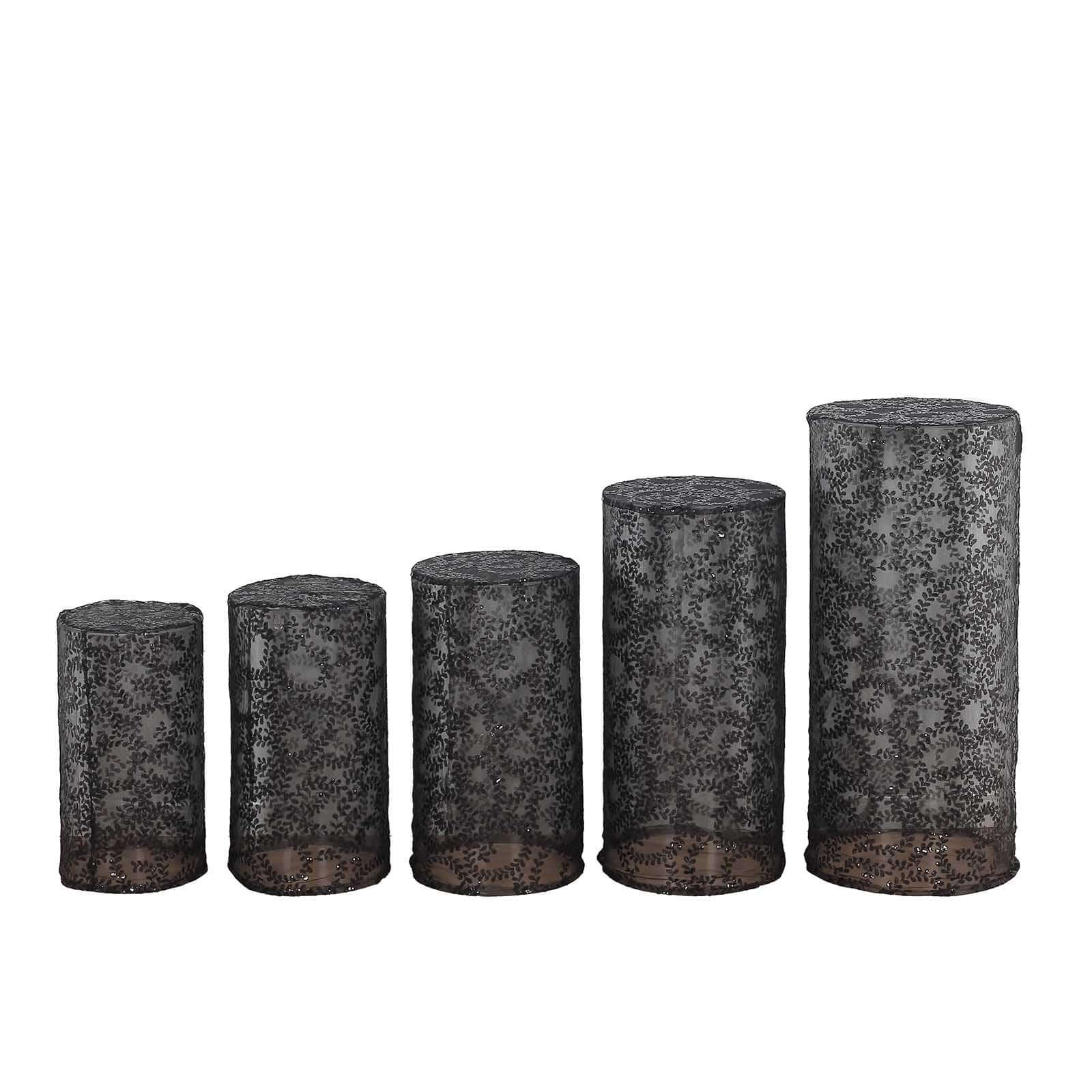 Set of 5 Black Sequin Mesh Cylinder Pillar Prop Covers with Leaf Vine Embroidery, Sparkly Sheer Tulle Pedestal Stand Covers - Image 12