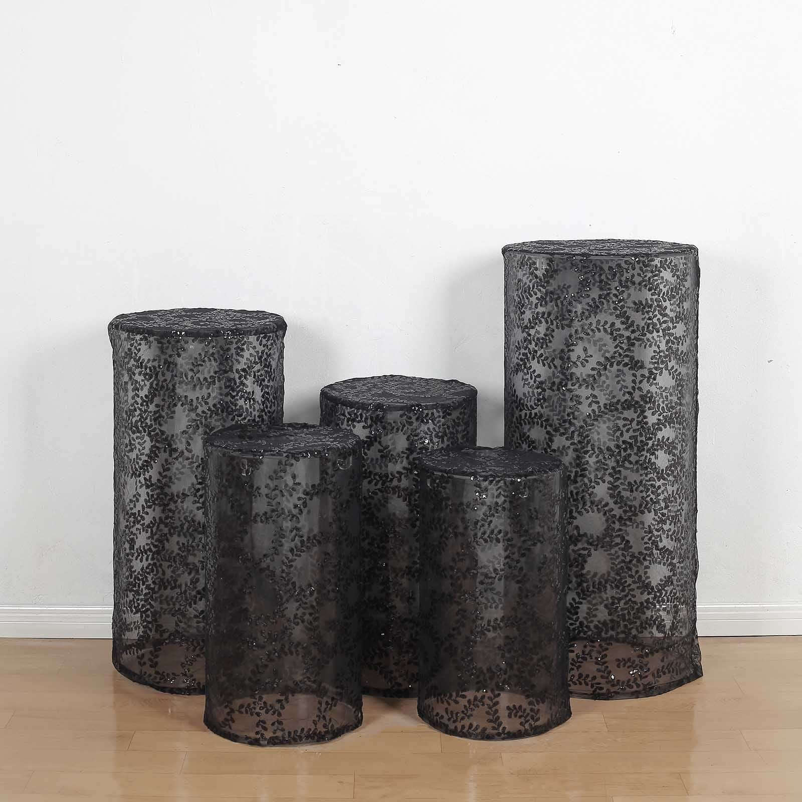 Set of 5 Black Sequin Mesh Cylinder Pillar Prop Covers with Leaf Vine Embroidery, Sparkly Sheer Tulle Pedestal Stand Covers - Image 2