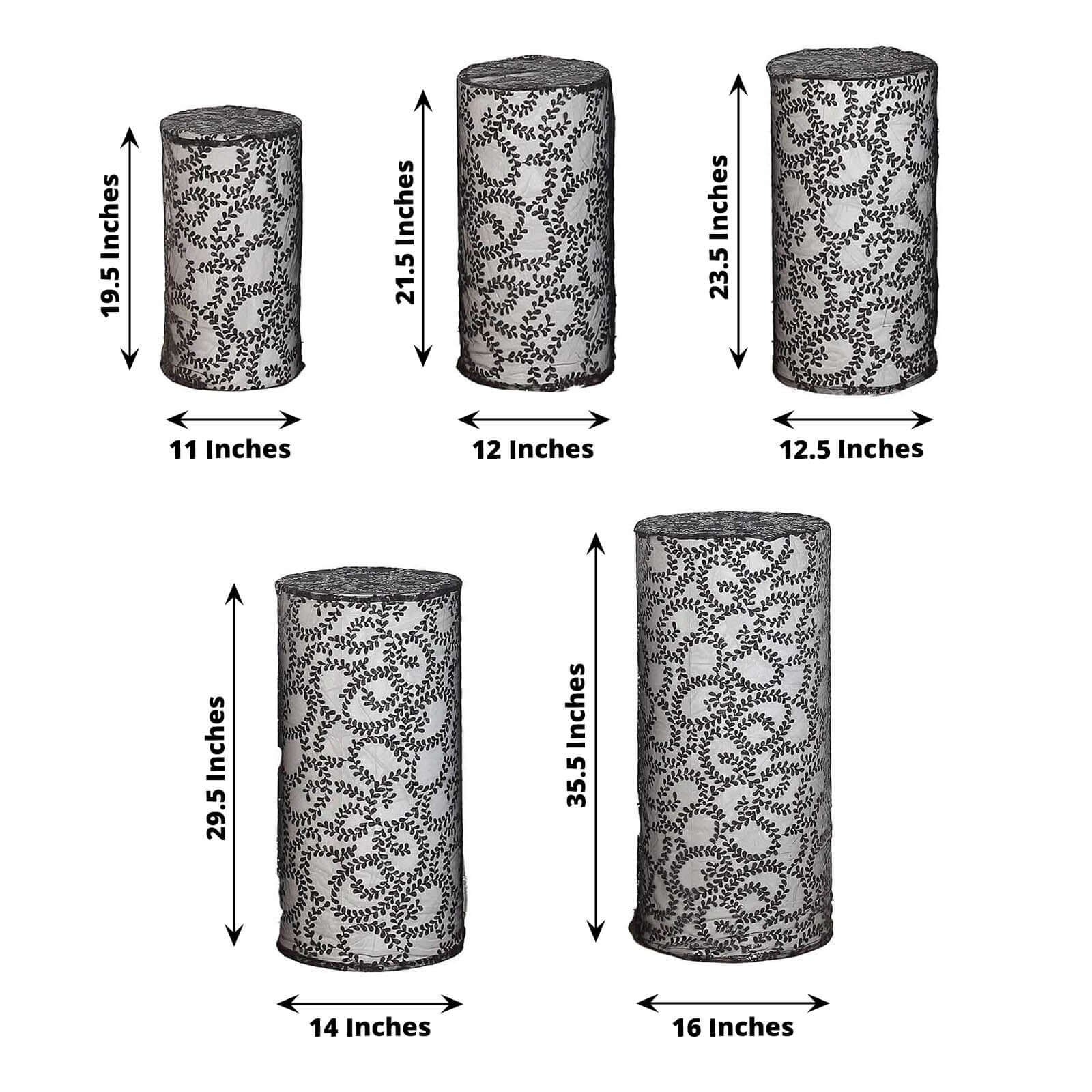 Set of 5 Black Sequin Mesh Cylinder Pillar Prop Covers with Leaf Vine Embroidery, Sparkly Sheer Tulle Pedestal Stand Covers - Image 3
