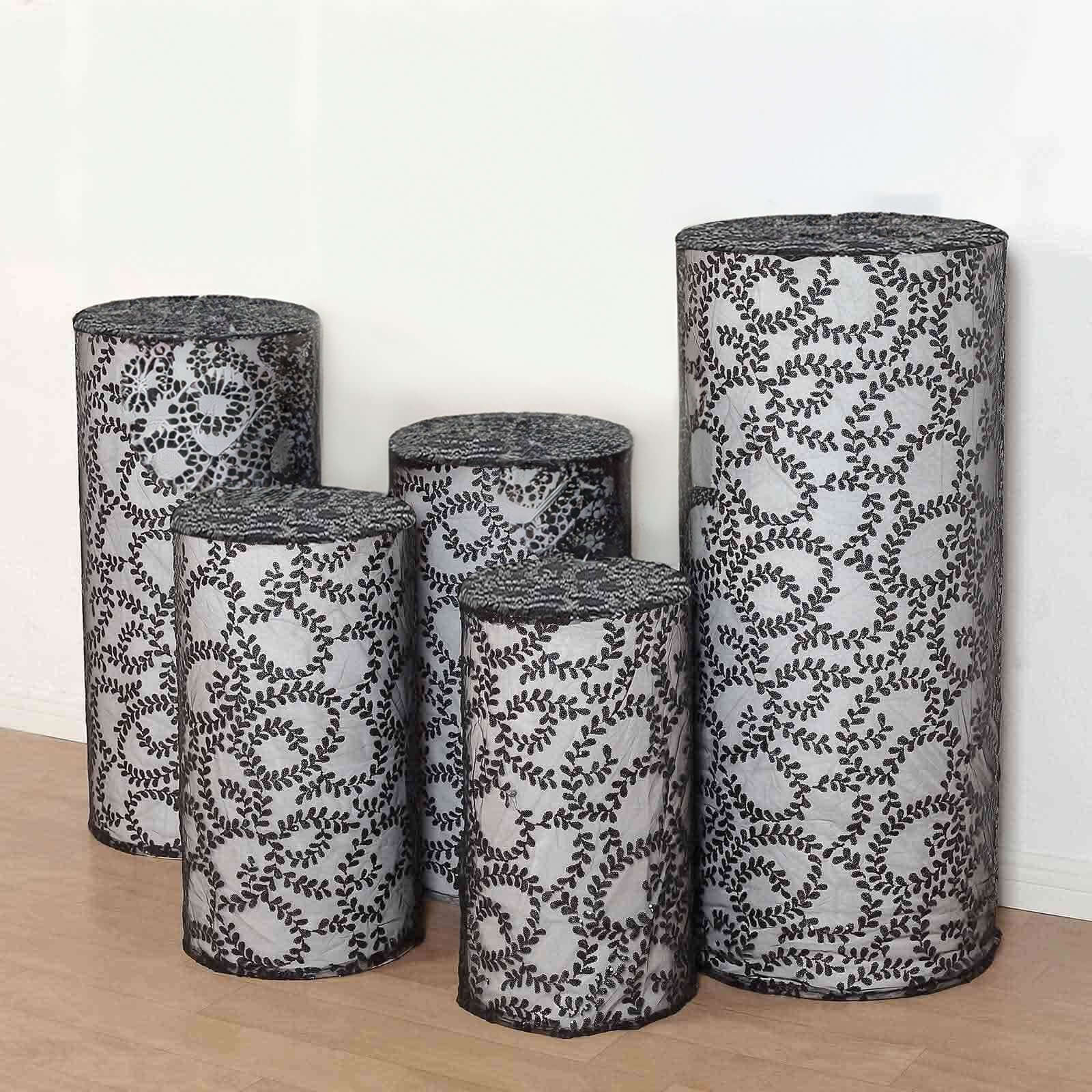 Set of 5 Black Sequin Mesh Cylinder Pillar Prop Covers with Leaf Vine Embroidery, Sparkly Sheer Tulle Pedestal Stand Covers - Image 4