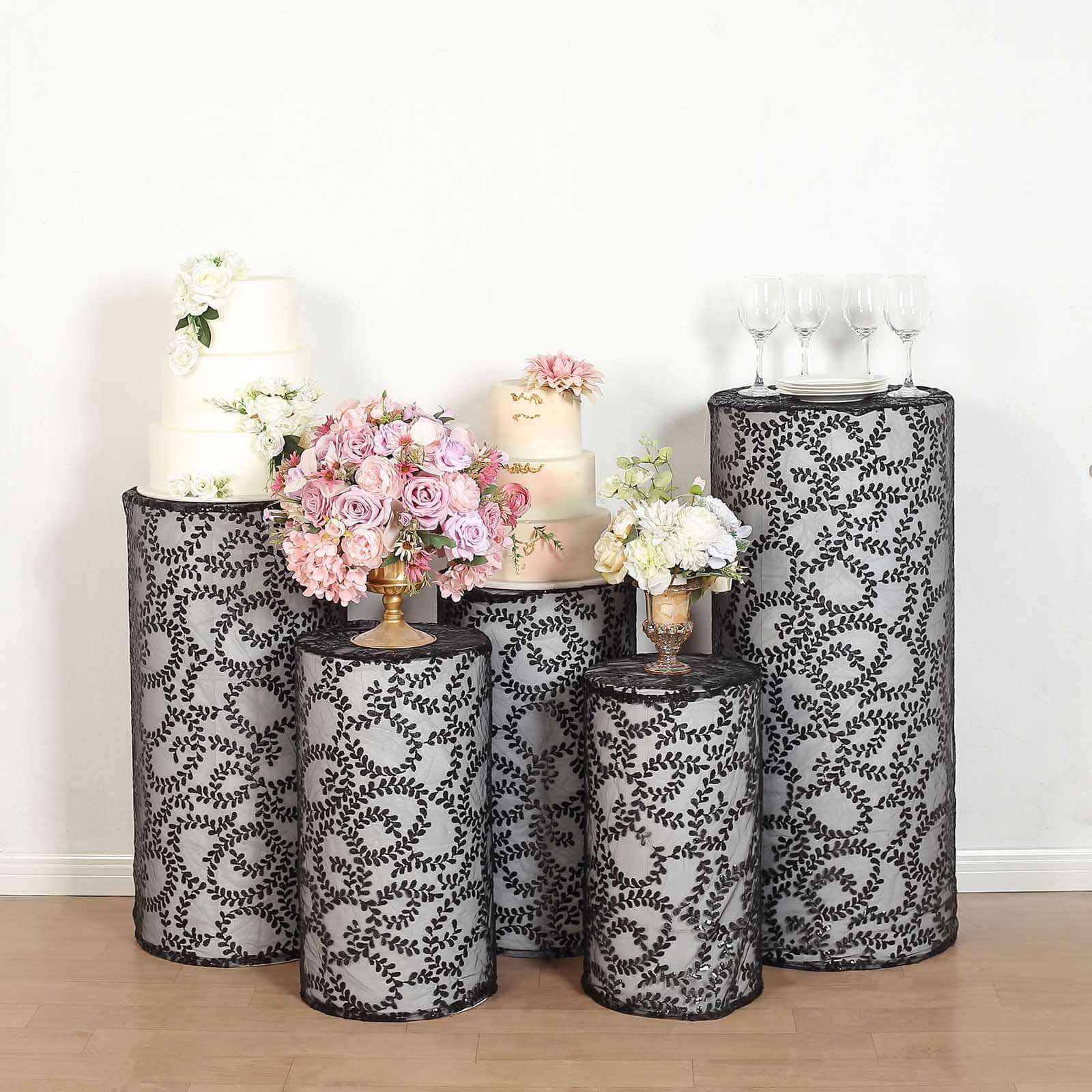 Set of 5 Black Sequin Mesh Cylinder Pillar Prop Covers with Leaf Vine Embroidery, Sparkly Sheer Tulle Pedestal Stand Covers - Image 5