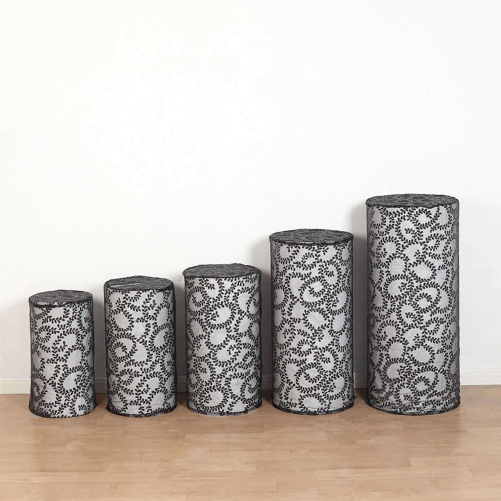 Set of 5 Black Sequin Mesh Cylinder Pillar Prop Covers with Leaf Vine Embroidery, Sparkly Sheer Tulle Pedestal Stand Covers - Image 6