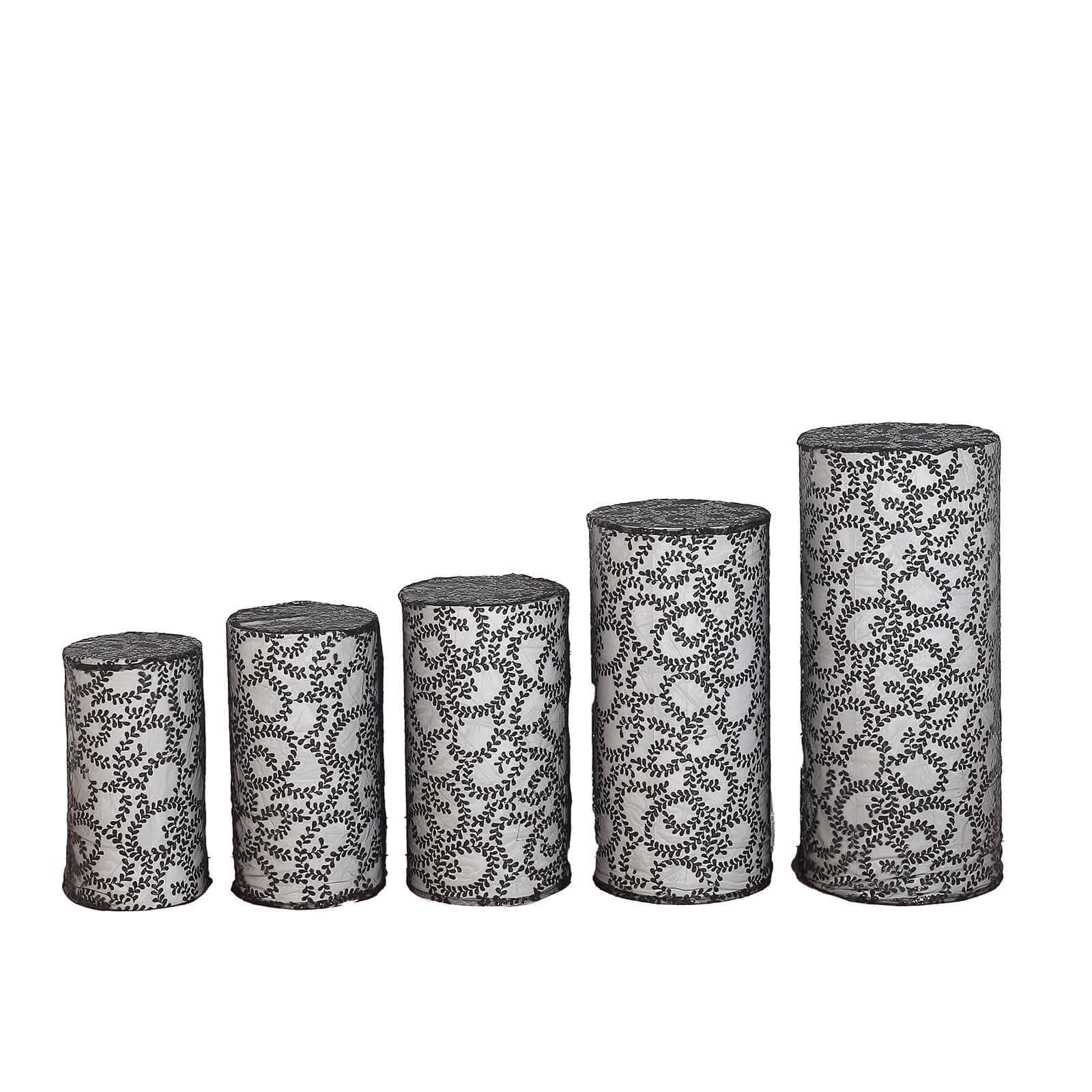 Set of 5 Black Sequin Mesh Cylinder Pillar Prop Covers with Leaf Vine Embroidery, Sparkly Sheer Tulle Pedestal Stand Covers - Image 7