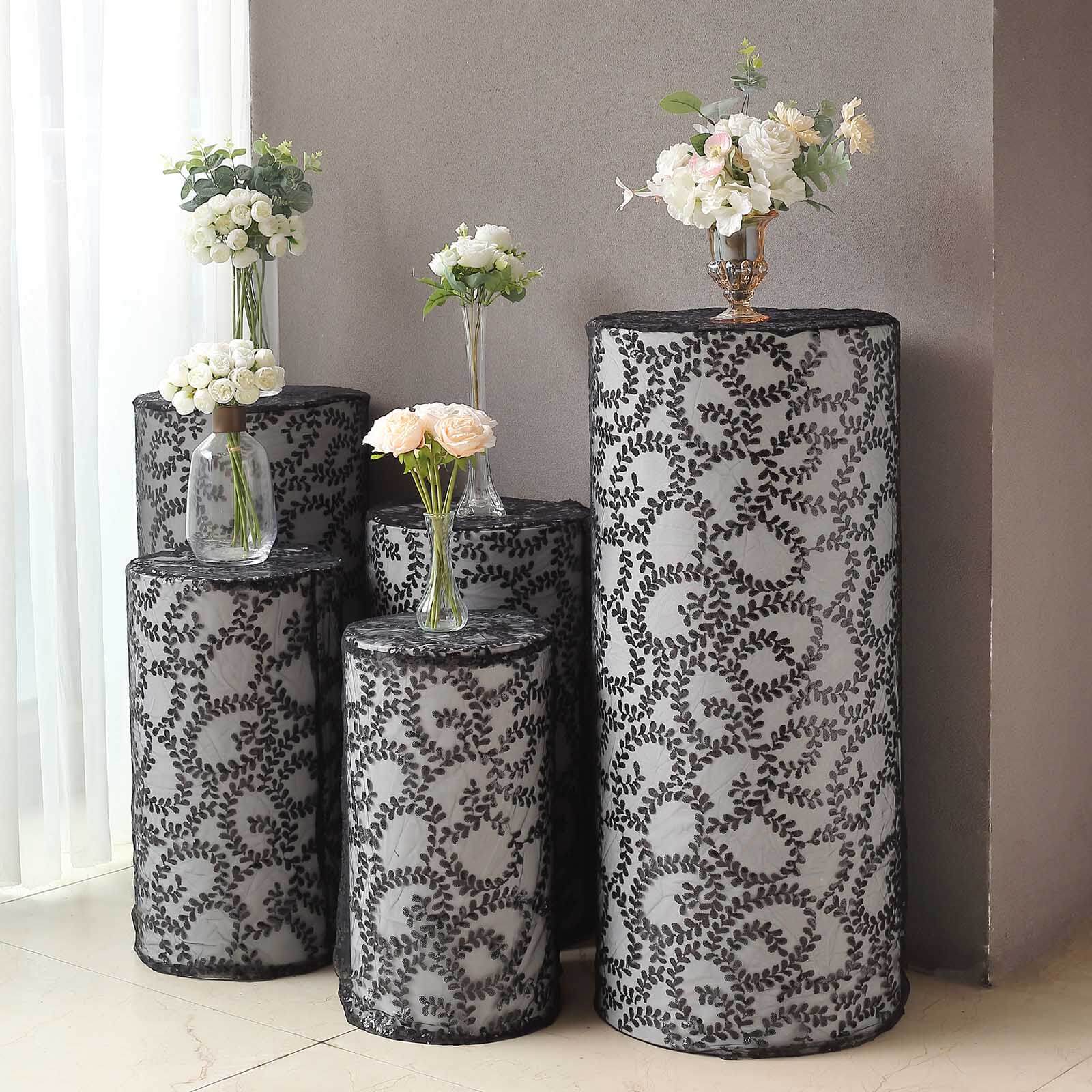 Set of 5 Black Sequin Mesh Cylinder Pillar Prop Covers with Leaf Vine Embroidery, Sparkly Sheer Tulle Pedestal Stand Covers - Image 8
