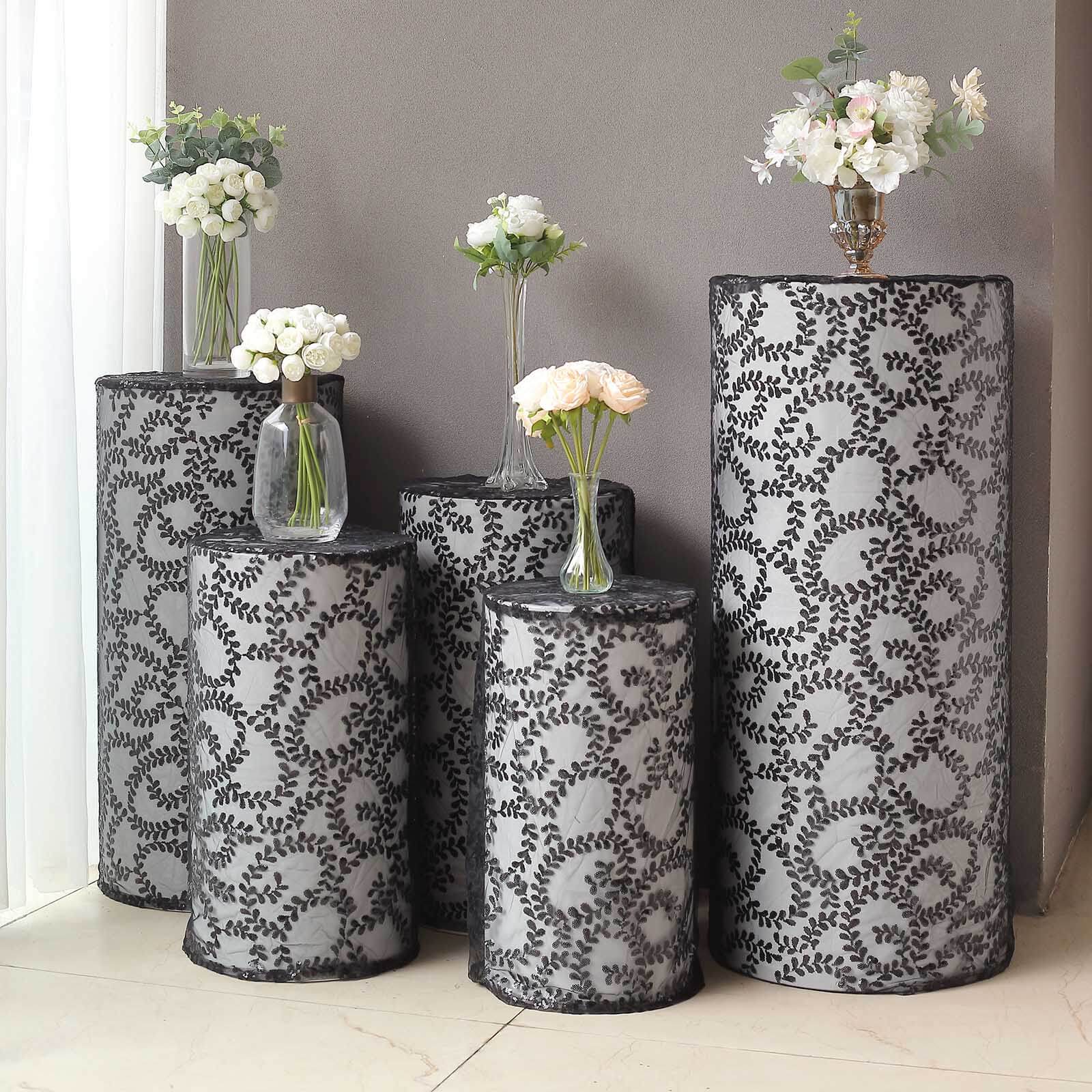 Set of 5 Black Sequin Mesh Cylinder Pillar Prop Covers with Leaf Vine Embroidery, Sparkly Sheer Tulle Pedestal Stand Covers - Image 9