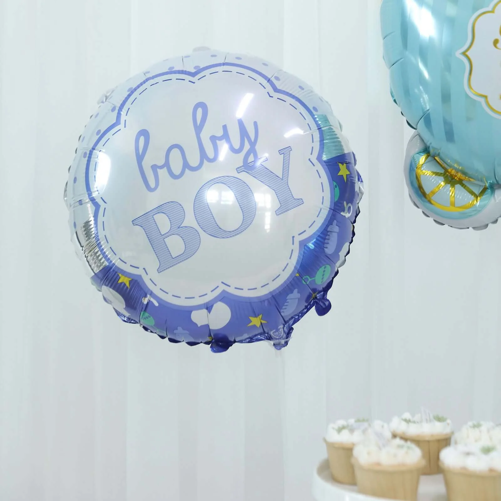 Set of 5 Blue/White Boy Baby Shower Mylar Foil Balloon Set, Star, Round and Baby Carriage Balloon Bouquet With Ribbon, Gender Reveal Party Decorations - Image 10