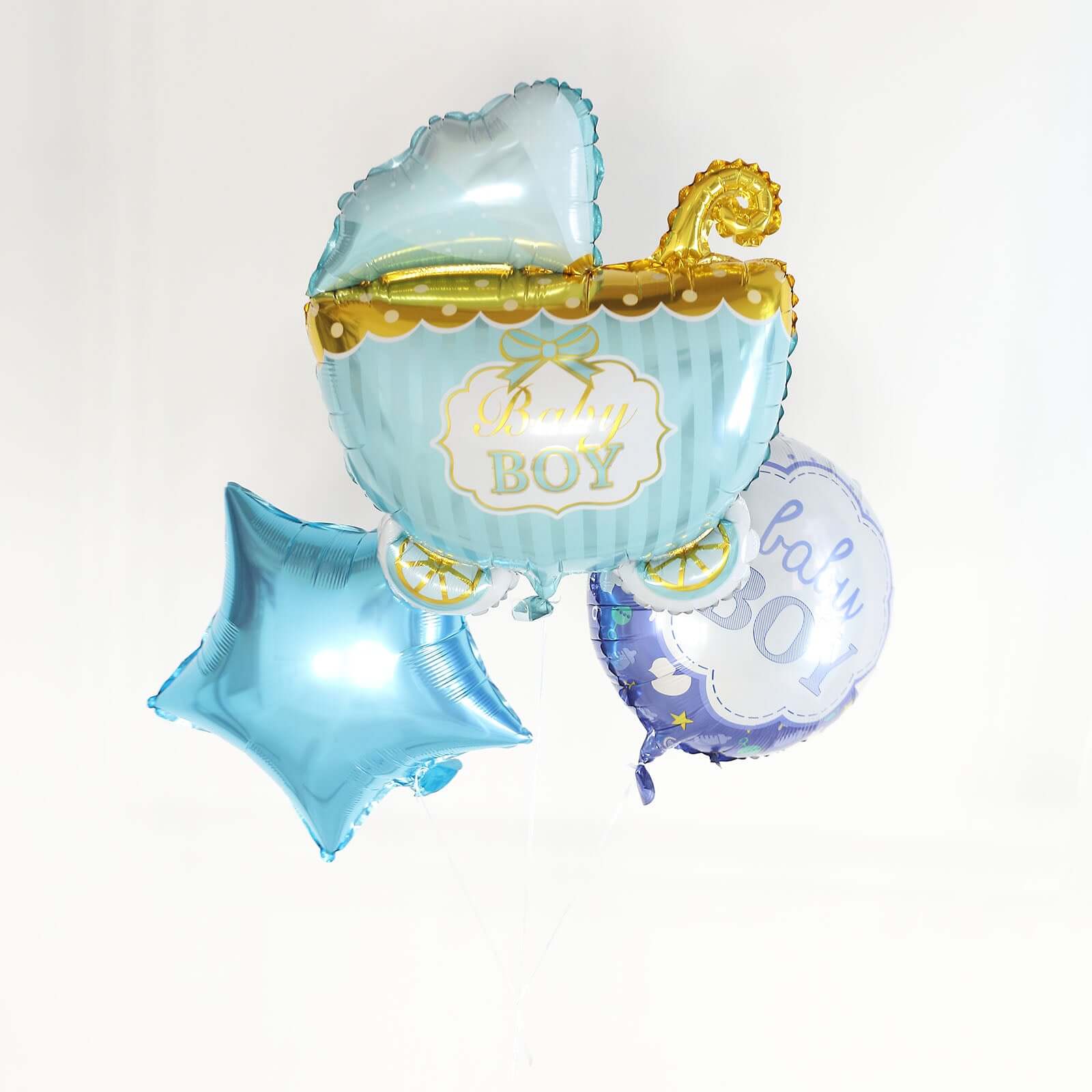 Set of 5 Blue/White Boy Baby Shower Mylar Foil Balloon Set, Star, Round and Baby Carriage Balloon Bouquet With Ribbon, Gender Reveal Party Decorations - Image 5