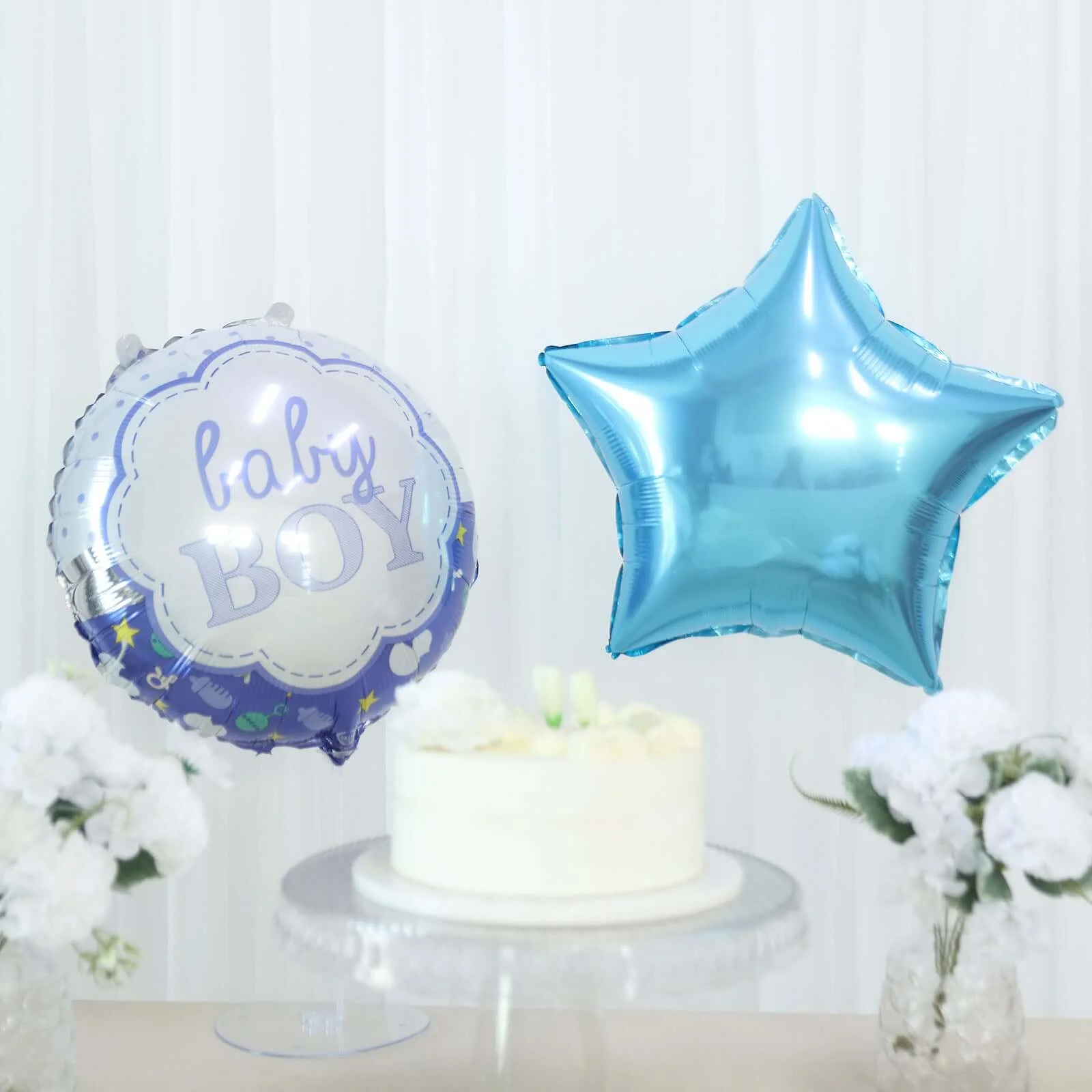 Set of 5 Blue/White Boy Baby Shower Mylar Foil Balloon Set, Star, Round and Baby Carriage Balloon Bouquet With Ribbon, Gender Reveal Party Decorations - Image 6