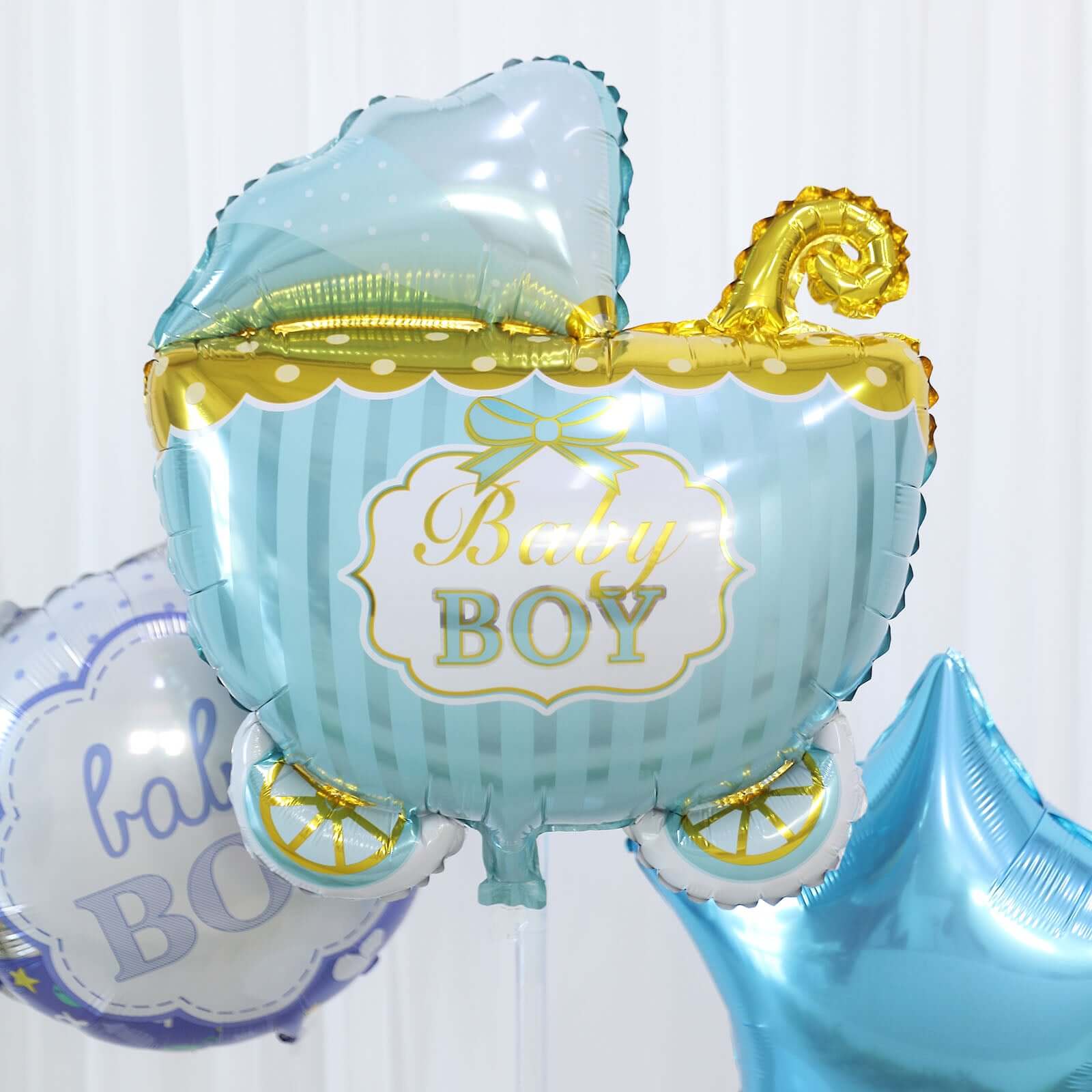 Set of 5 Blue/White Boy Baby Shower Mylar Foil Balloon Set, Star, Round and Baby Carriage Balloon Bouquet With Ribbon, Gender Reveal Party Decorations - Image 8