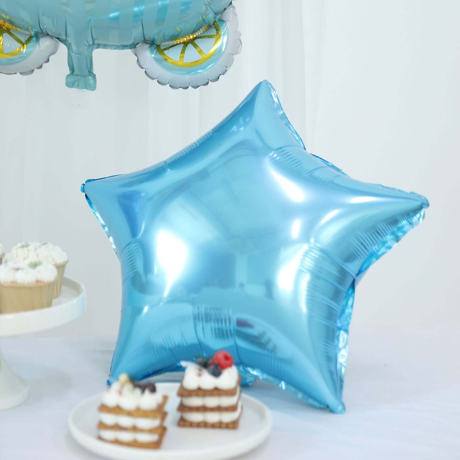 Set of 5 Blue/White Boy Baby Shower Mylar Foil Balloon Set, Star, Round and Baby Carriage Balloon Bouquet With Ribbon, Gender Reveal Party Decorations - Image 9