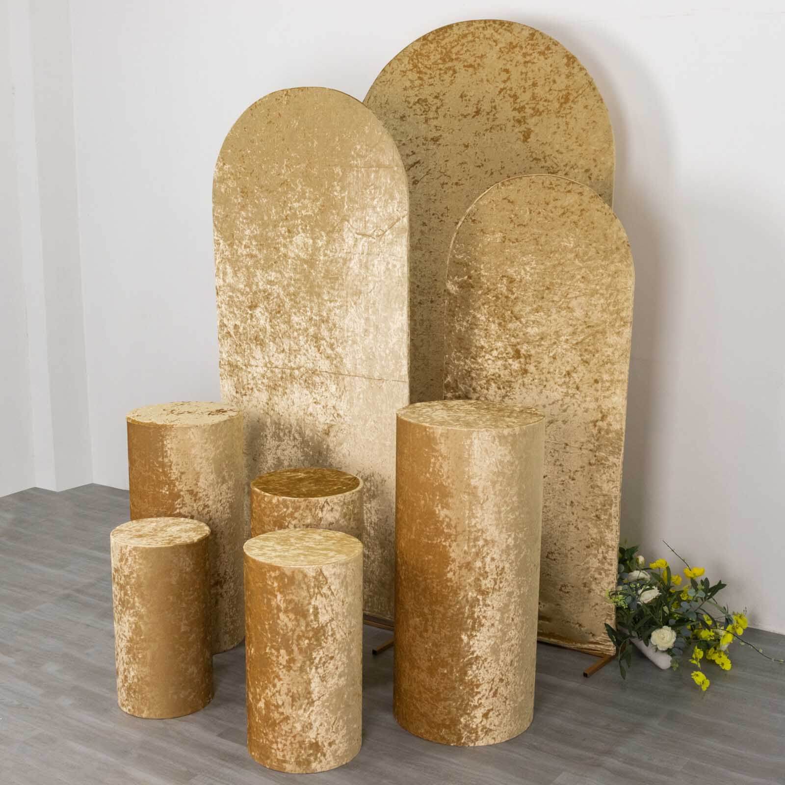 Set of 5 Champagne Crushed Velvet Cylinder Pillar Prop Covers, Premium Pedestal Stand Covers - Image 5