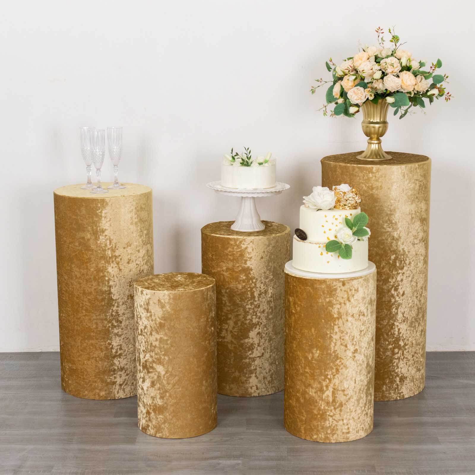 Set of 5 Champagne Crushed Velvet Cylinder Pillar Prop Covers, Premium Pedestal Stand Covers - Image 6