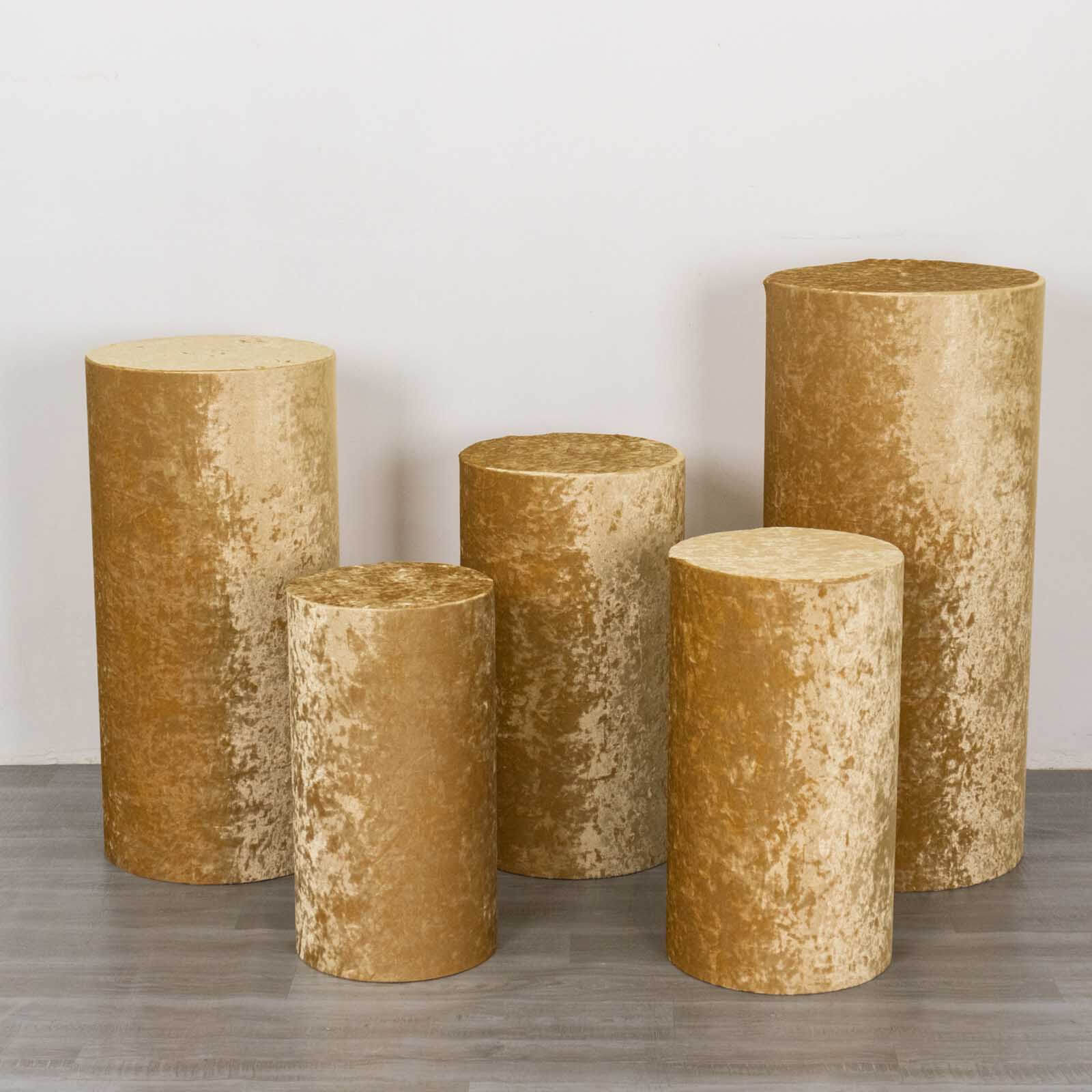 Set of 5 Champagne Crushed Velvet Cylinder Pillar Prop Covers, Premium Pedestal Stand Covers - Image 7