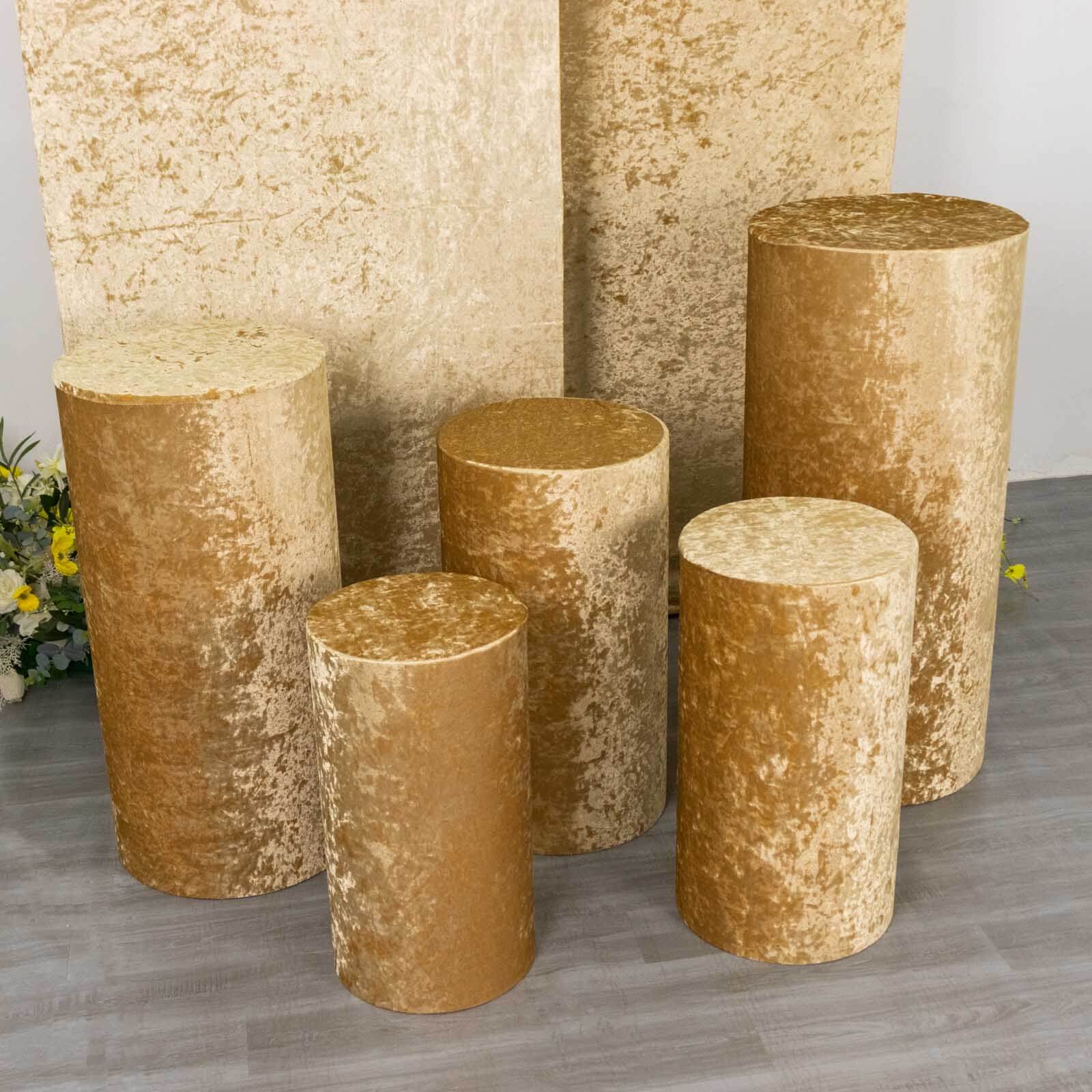 Set of 5 Champagne Crushed Velvet Cylinder Pillar Prop Covers, Premium Pedestal Stand Covers - Image 8