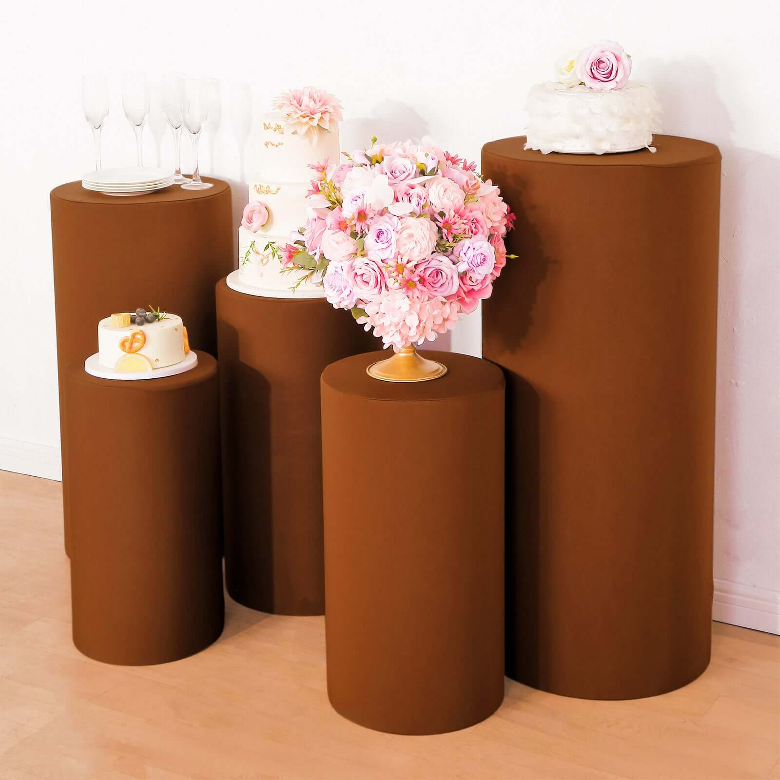 Set of 5 Cinnamon Brown Spandex Cylinder Pillar Prop Covers, Stretchable Pedestal Stand Covers - 160 GSM - Image 2