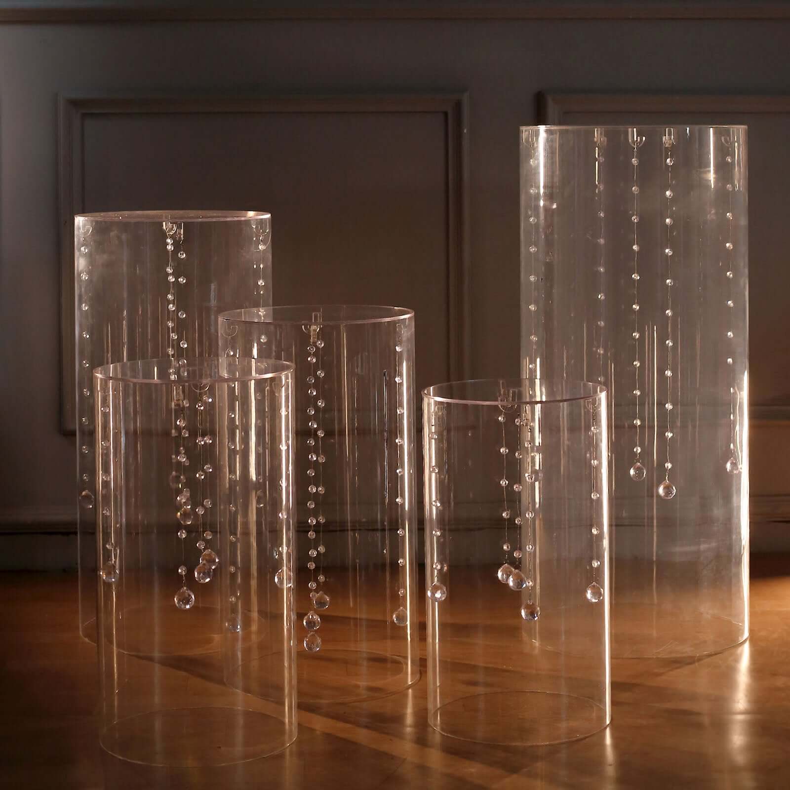 Set of 5 Clear Acrylic Cylinder Pedestal Stands With Hanging Hooks, Wedding Pillar Plinth Column Cake Dessert Table Display
