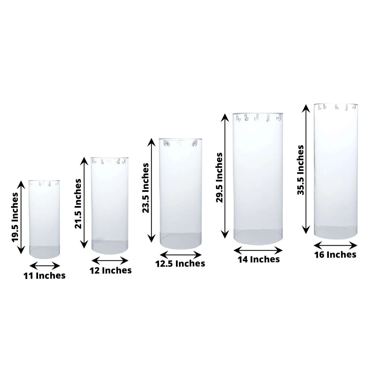 Set of 5 Clear Acrylic Cylinder Pedestal Stands With Hanging Hooks, Wedding Pillar Plinth Column Cake Dessert Table Display - Image 3