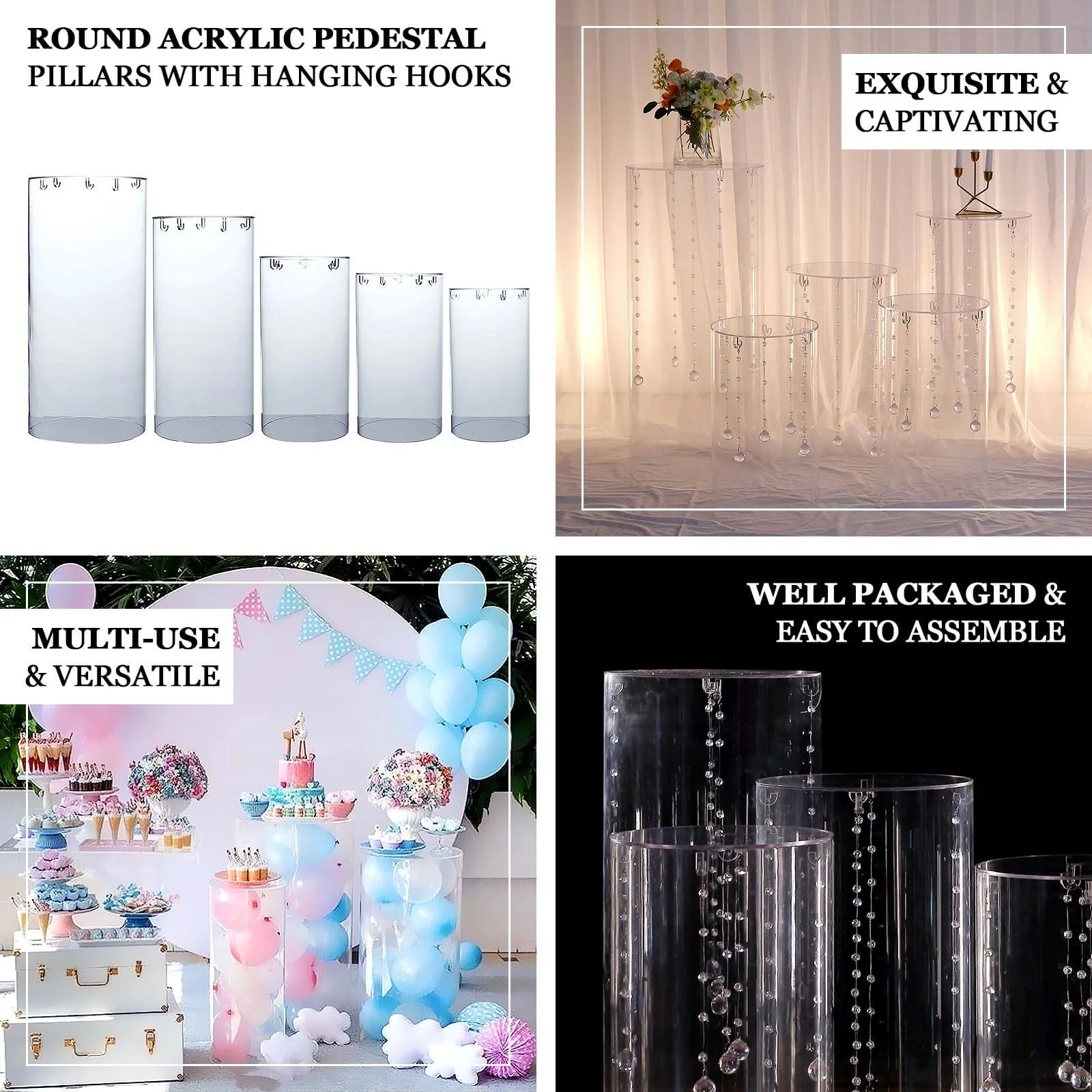 Set of 5 Clear Acrylic Cylinder Pedestal Stands With Hanging Hooks, Wedding Pillar Plinth Column Cake Dessert Table Display - Image 4