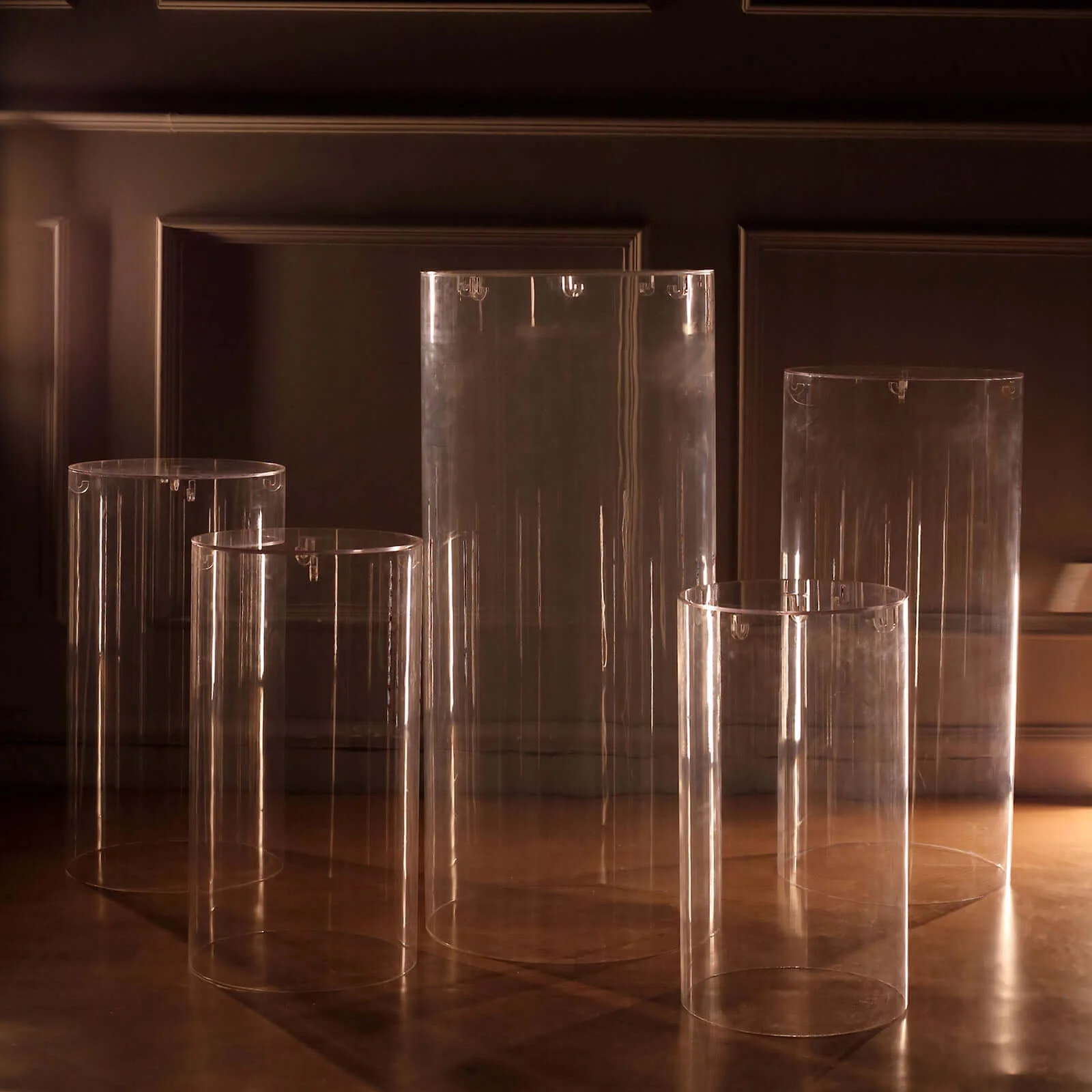Set of 5 Clear Acrylic Cylinder Pedestal Stands With Hanging Hooks, Wedding Pillar Plinth Column Cake Dessert Table Display - Image 7
