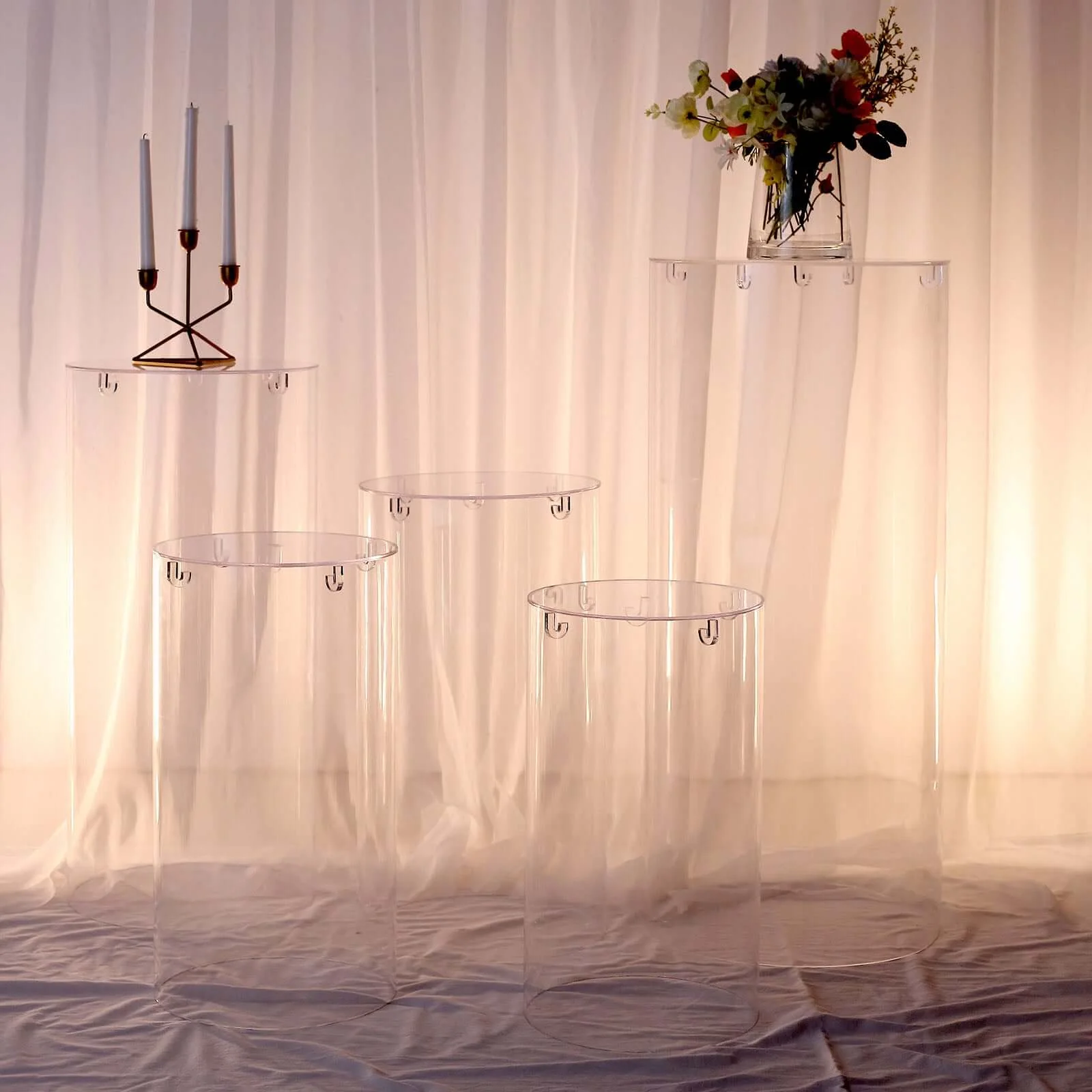 Set of 5 Clear Acrylic Cylinder Pedestal Stands With Hanging Hooks, Wedding Pillar Plinth Column Cake Dessert Table Display - Image 8