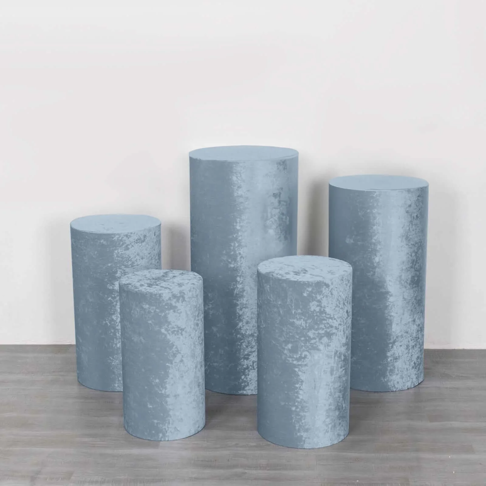 Set of 5 Dusty Blue Crushed Velvet Cylinder Pillar Prop Covers, Premium Pedestal Stand Covers